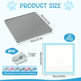 19pcs Puppy Pee Pad Tray Holder Set for Dogs, Non-Slip Silicone Dog Pee Pad Holder for 23.6" X 23.6" Training Pads, High Edge Easy Cleaning Pee Pad Tray with 8 Holder Clamps and 10pcs Puppy Potty Pad