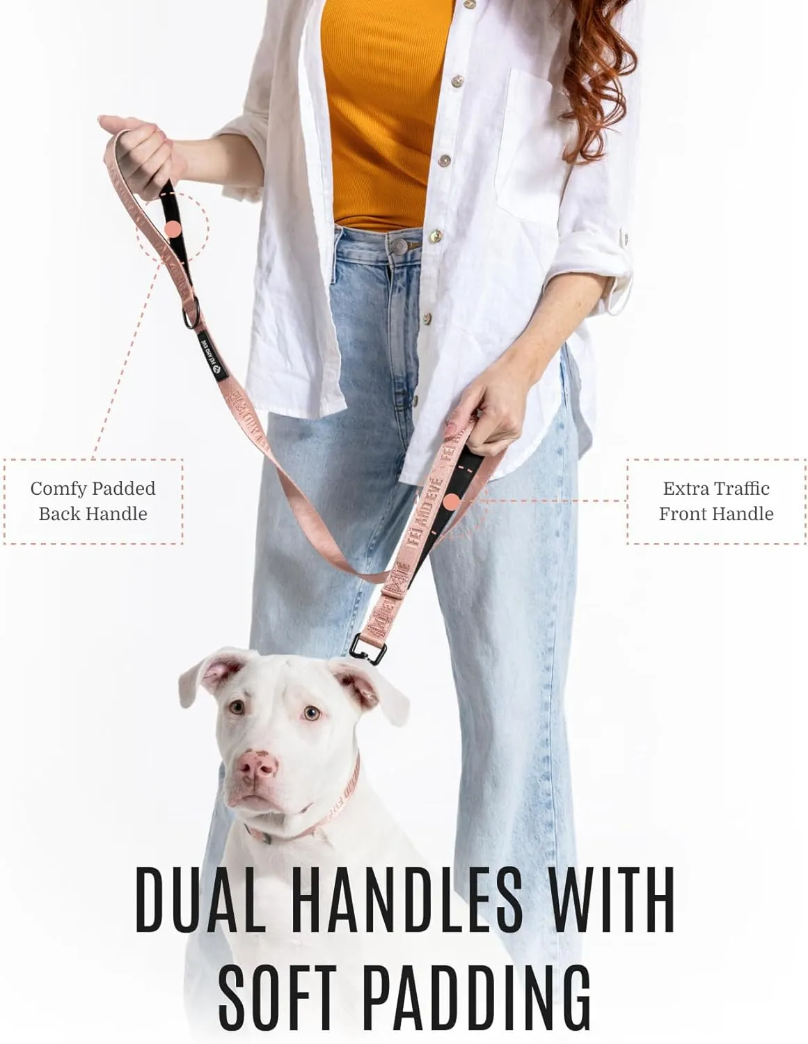 2025 New Edition, Fei & Eve Classic Dog Leash - 6FT, Dual Padded Handles, 360 Swivel Hook, Heavy Duty 210D Nylon - No-Pull Design with Traffic Control Handle - for Small/Medium/Large Dogs, Blush