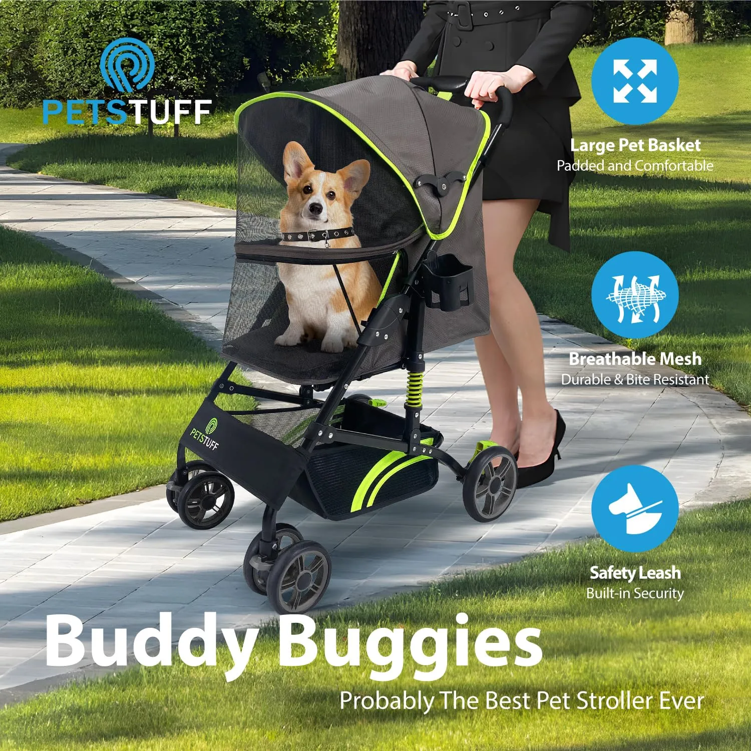 22 Buddy Buggies Foldable Pet Stroller - Shock Absorbing Frame with Storage - Machine Washable Fabric - Durable Mesh & UV Protected Retractable Canopy - Cat & Dog Stroller Up to 30lb