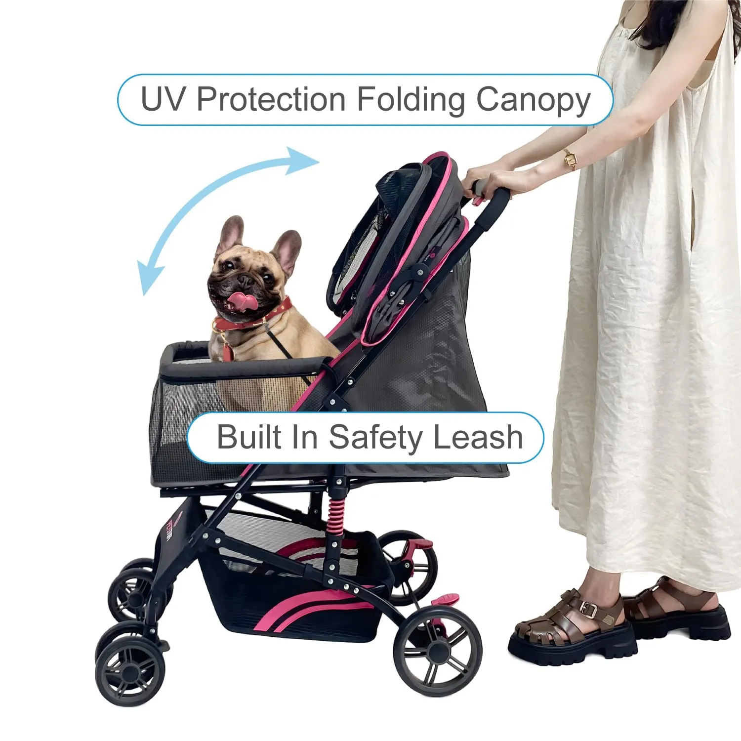 22 Buddy Buggies Foldable Pet Stroller - Shock Absorbing Frame with Storage - Machine Washable Fabric - Durable Mesh & UV Protected Retractable Canopy - Cat & Dog Stroller Up to 30lb