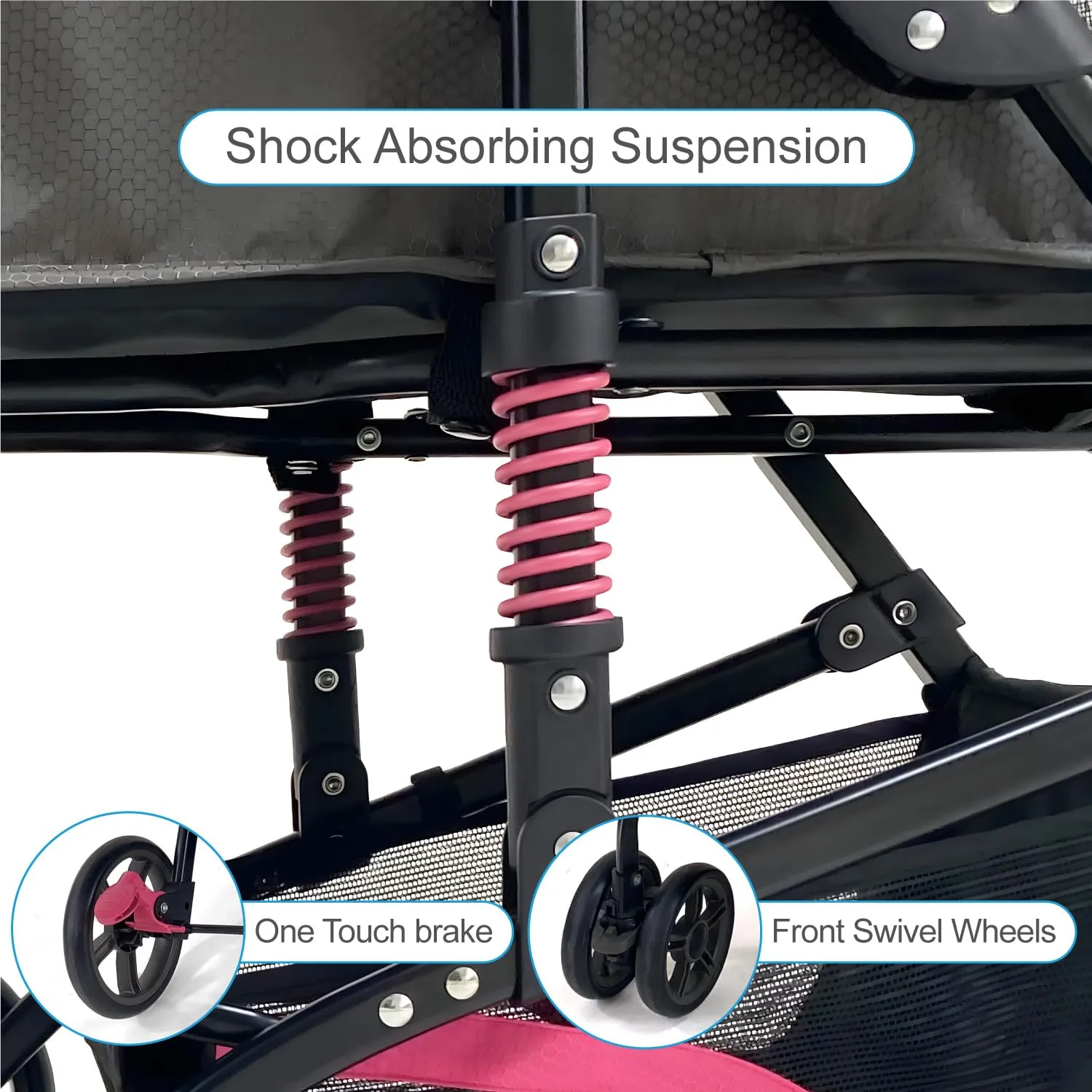 22 Buddy Buggies Foldable Pet Stroller - Shock Absorbing Frame with Storage - Machine Washable Fabric - Durable Mesh & UV Protected Retractable Canopy - Cat & Dog Stroller Up to 30lb