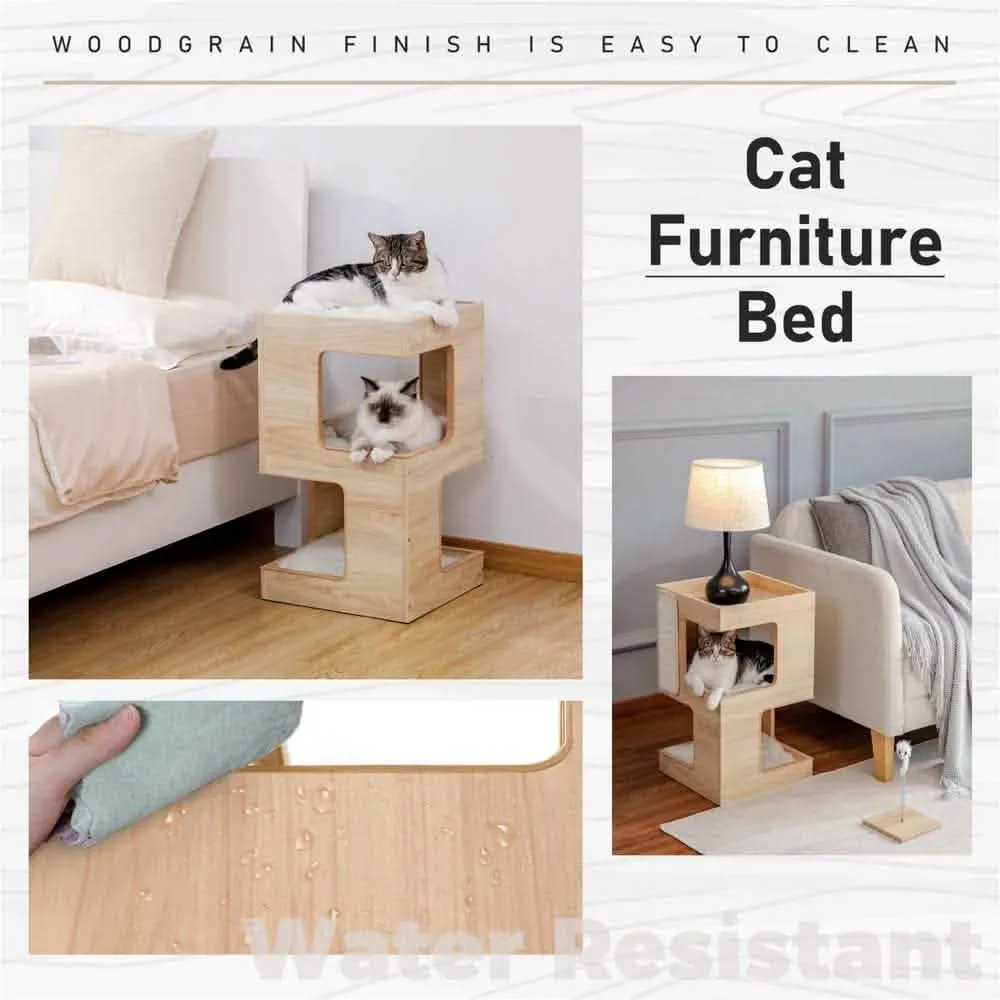 23" Modern Wooden Cat Tree House - Contemporary Cat Furniture with Scratching Pad & Bedding