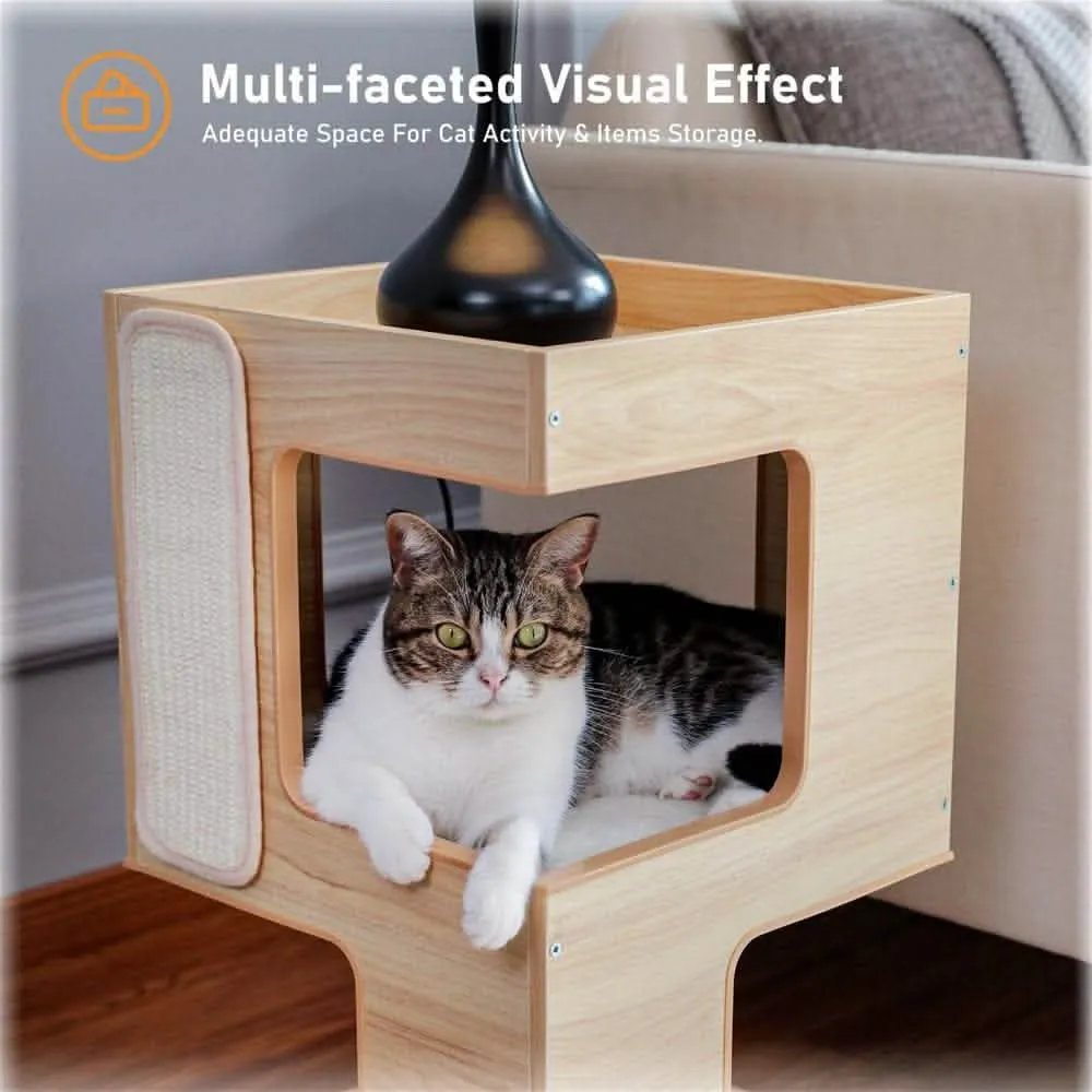 23" Modern Wooden Cat Tree House - Contemporary Cat Furniture with Scratching Pad & Bedding