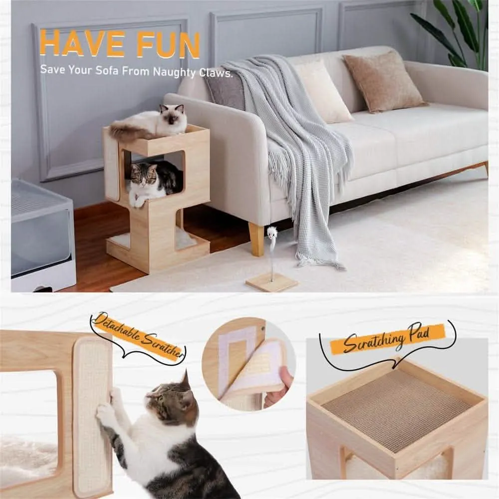 23" Modern Wooden Cat Tree House - Contemporary Cat Furniture with Scratching Pad & Bedding