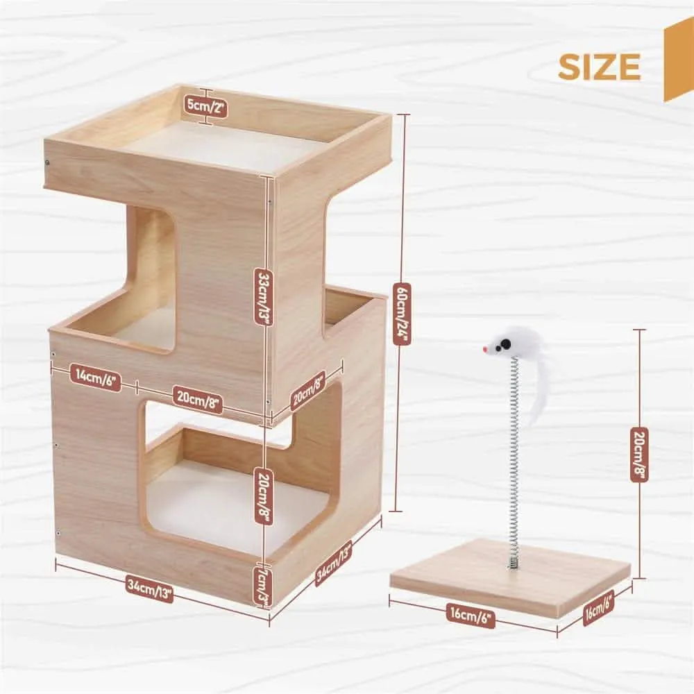 23" Modern Wooden Cat Tree House - Contemporary Cat Furniture with Scratching Pad & Bedding