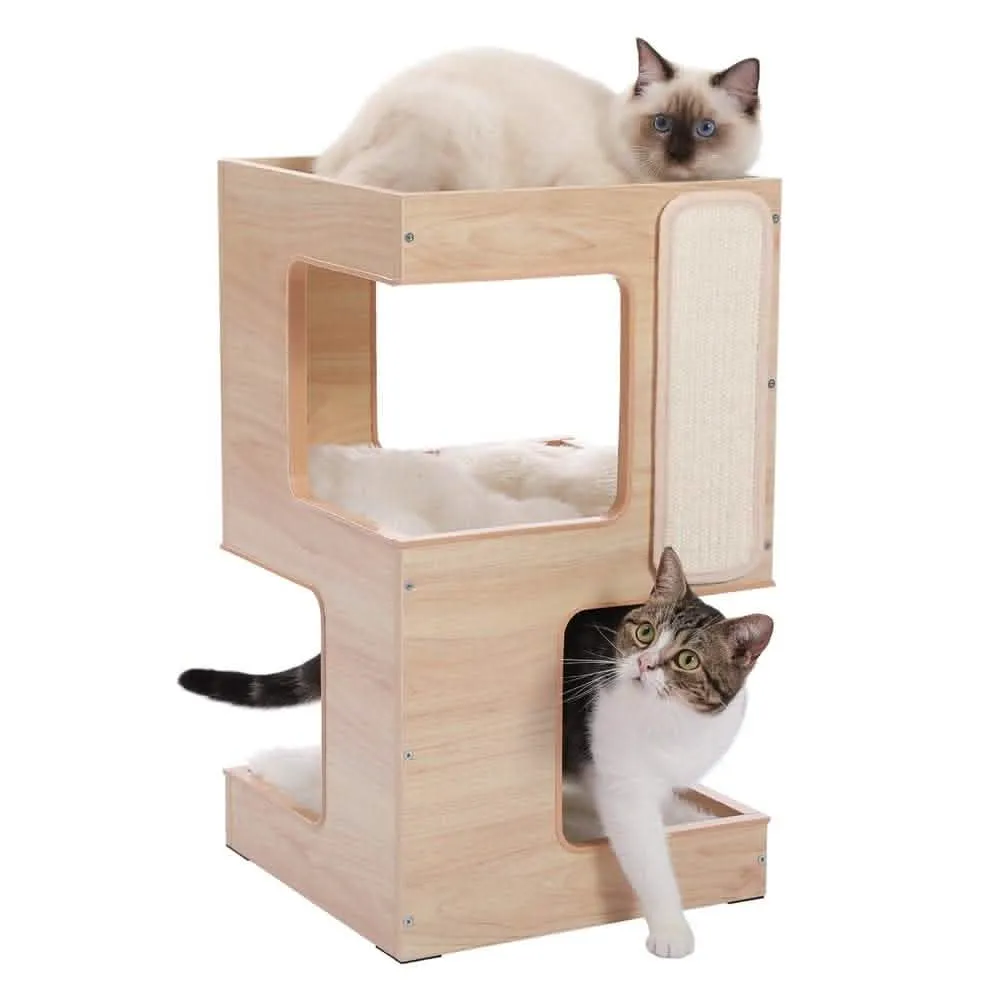 23" Modern Wooden Cat Tree House - Contemporary Cat Furniture with Scratching Pad & Bedding