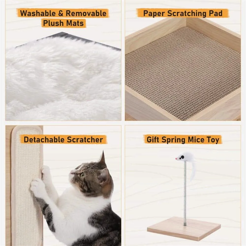 23" Modern Wooden Cat Tree House - Contemporary Cat Furniture with Scratching Pad & Bedding