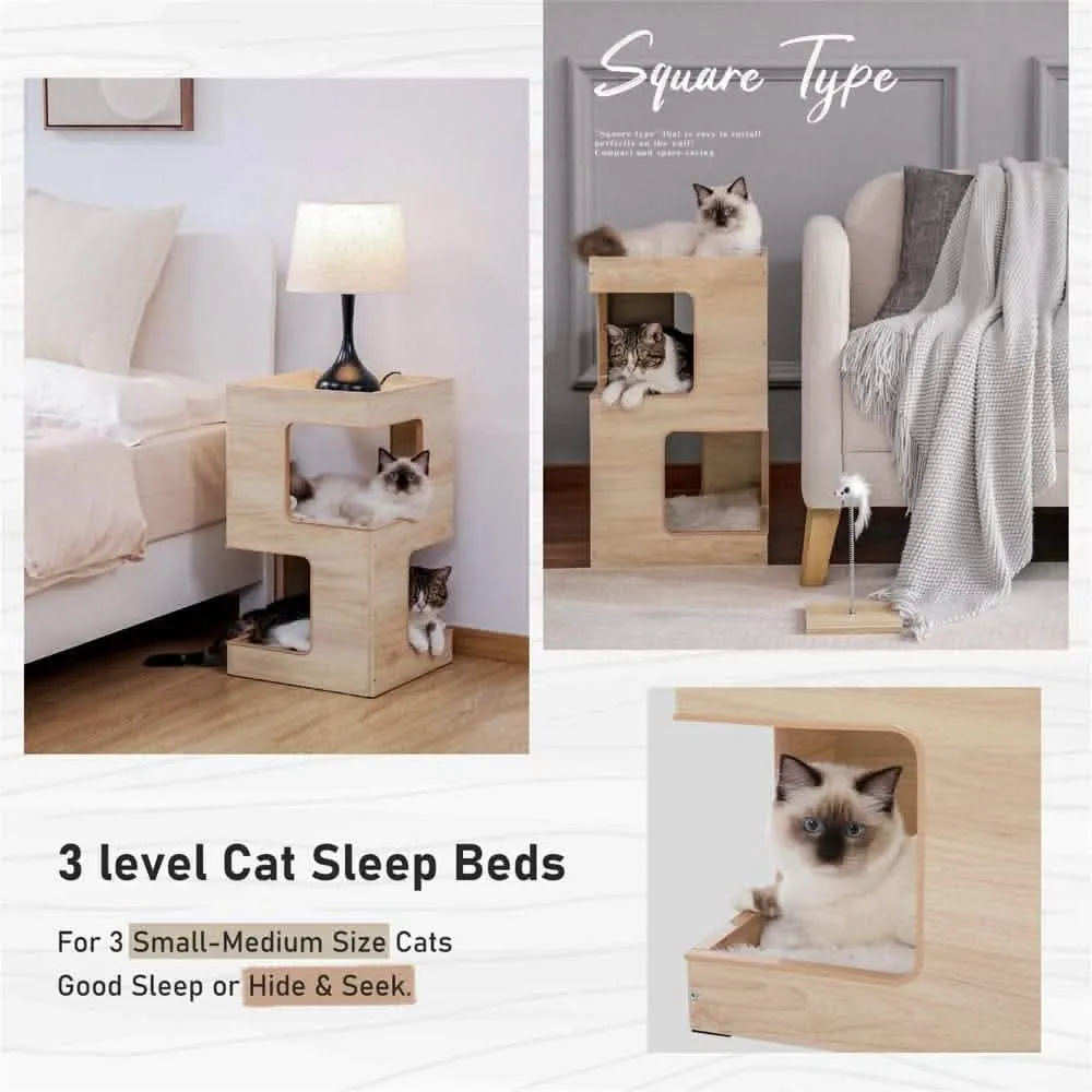 23" Modern Wooden Cat Tree House - Contemporary Cat Furniture with Scratching Pad & Bedding