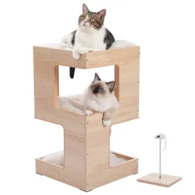 23" Modern Wooden Cat Tree House - Contemporary Cat Furniture with Scratching Pad & Bedding