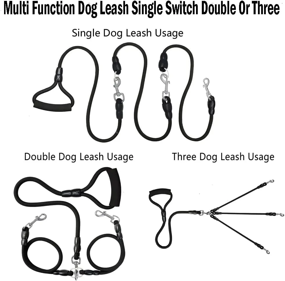 3 Dog Leash No Tangle Heavy Duty Detachable 360 Swivel Device Multiple Dog Leash with Padded Handle for Two/Three Pets (6-40 Lbs)