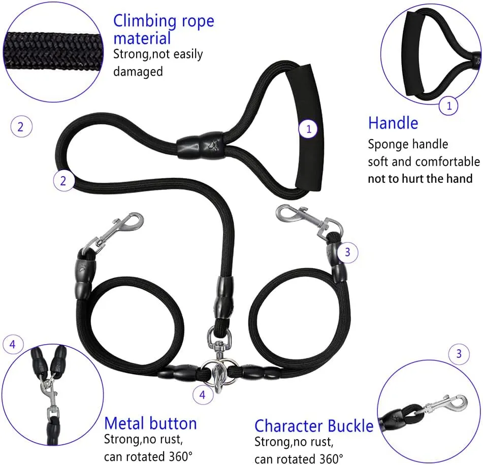 3 Dog Leash No Tangle Heavy Duty Detachable 360 Swivel Device Multiple Dog Leash with Padded Handle for Two/Three Pets (6-40 Lbs)