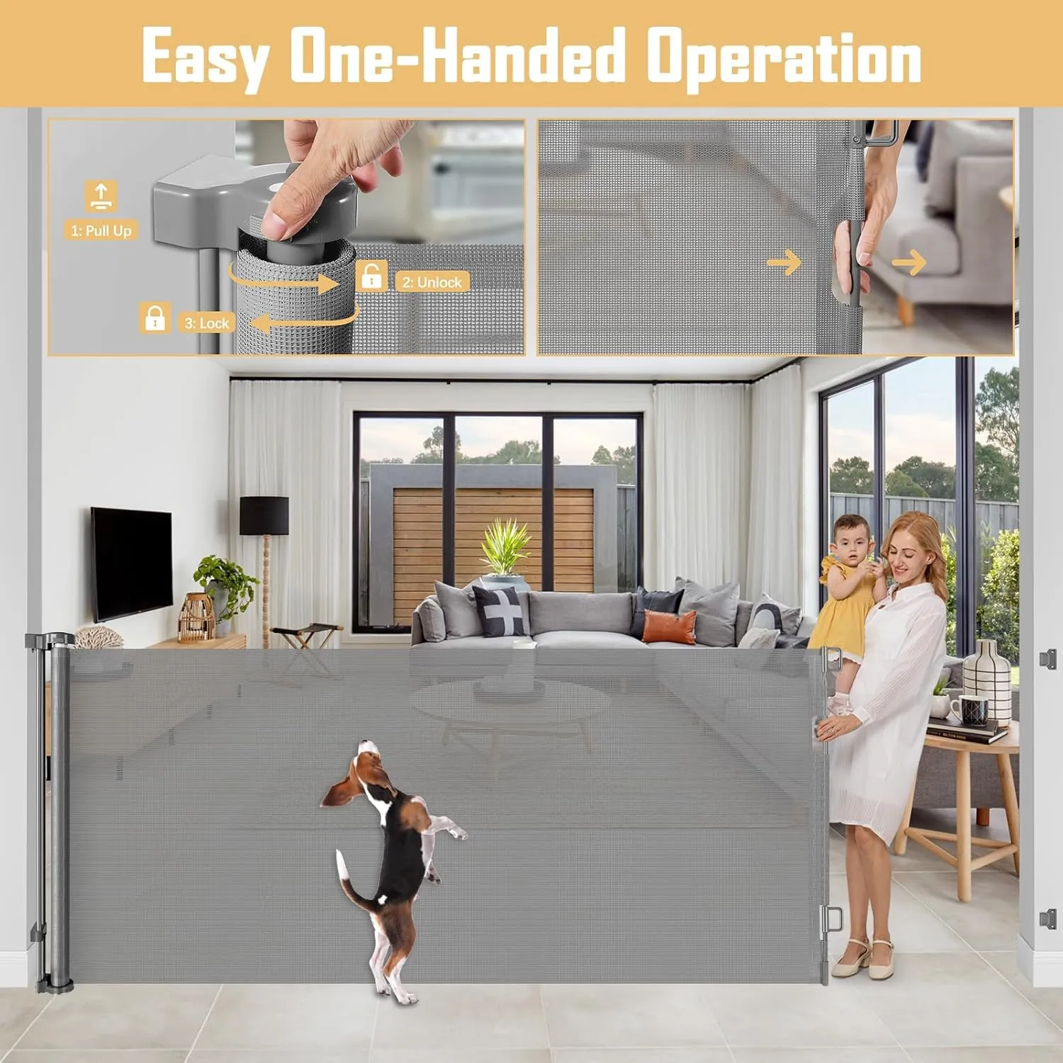 42" Tall x 76" Wide Retractable Baby Gates Extra Wide Dog Gate Tall Gates for Dogs Indoor/Outdoor Cat Gate for Doorway Dog Gates for The House, Extra Wide Pet Gate Mesh Baby Gate for Stairs, Gray