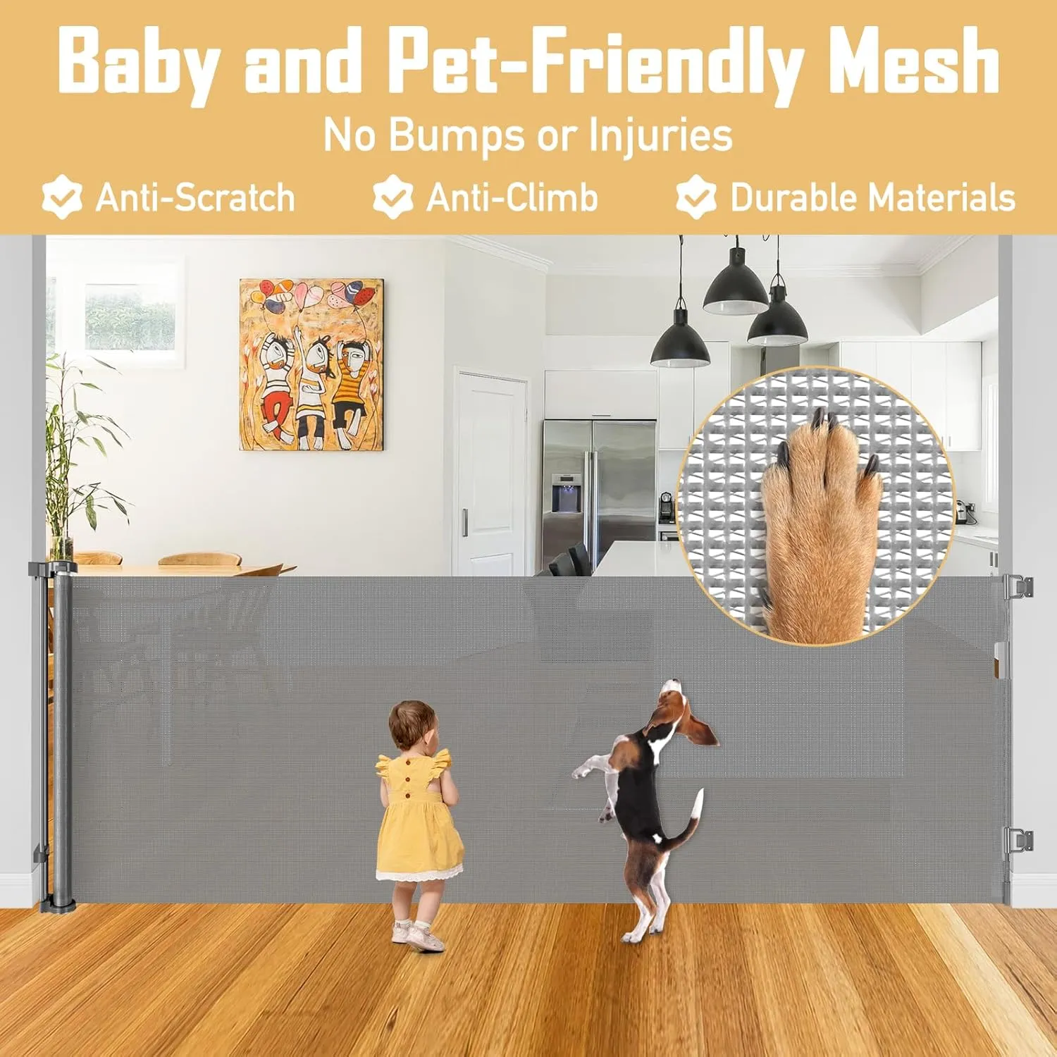 42" Tall x 76" Wide Retractable Baby Gates Extra Wide Dog Gate Tall Gates for Dogs Indoor/Outdoor Cat Gate for Doorway Dog Gates for The House, Extra Wide Pet Gate Mesh Baby Gate for Stairs, Gray