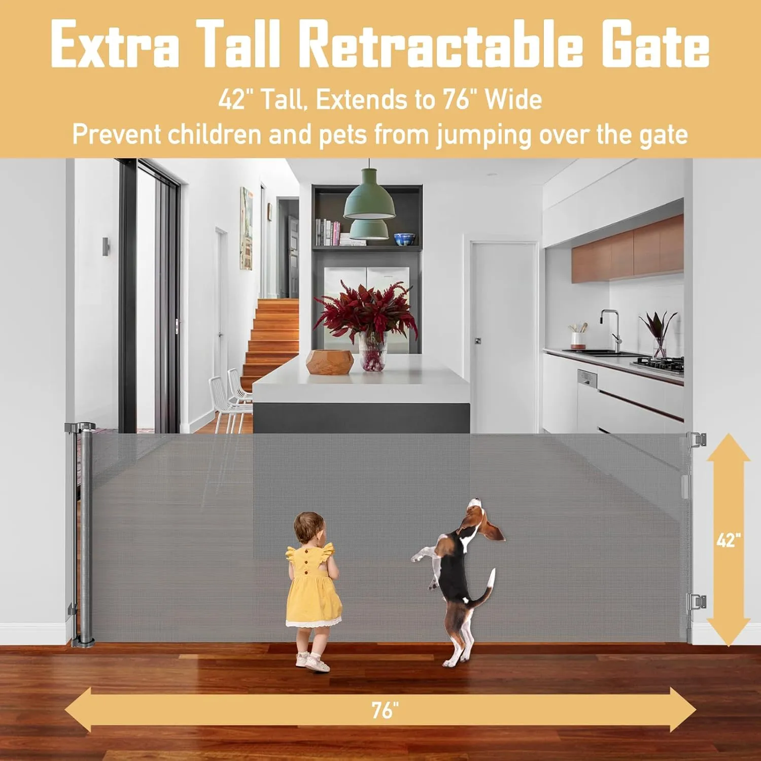 42" Tall x 76" Wide Retractable Baby Gates Extra Wide Dog Gate Tall Gates for Dogs Indoor/Outdoor Cat Gate for Doorway Dog Gates for The House, Extra Wide Pet Gate Mesh Baby Gate for Stairs, Gray
