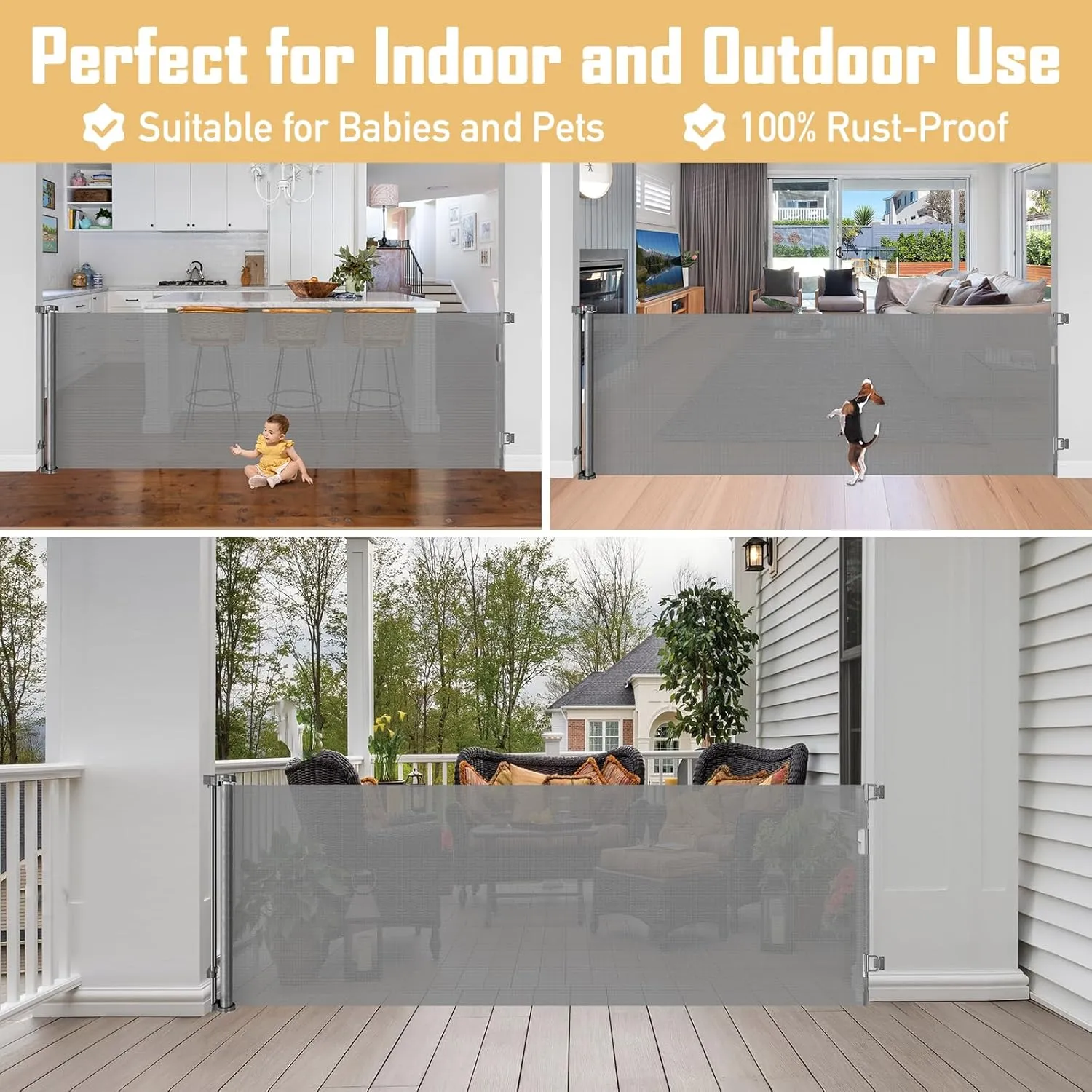 42" Tall x 76" Wide Retractable Baby Gates Extra Wide Dog Gate Tall Gates for Dogs Indoor/Outdoor Cat Gate for Doorway Dog Gates for The House, Extra Wide Pet Gate Mesh Baby Gate for Stairs, Gray
