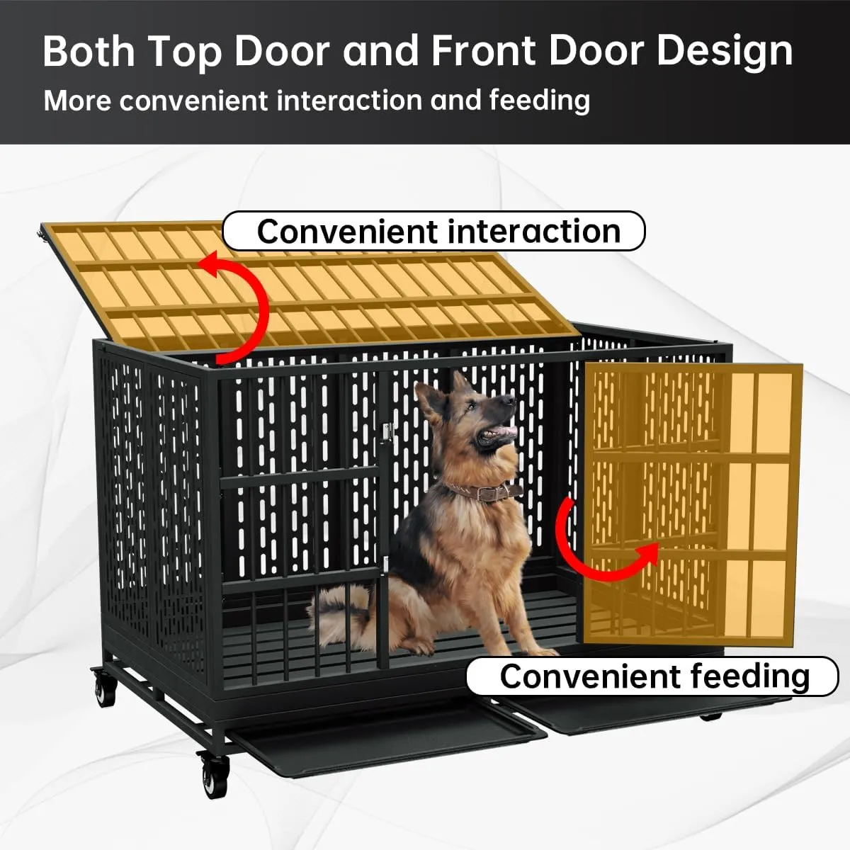48/42/38 Inch Heavy Duty Dog Crate with Wheels, Folding Metal Big Dog Cage for Large and Medium Dogs, Extra Large XL XXL Indestructible Dog Crate with Removable Tray.