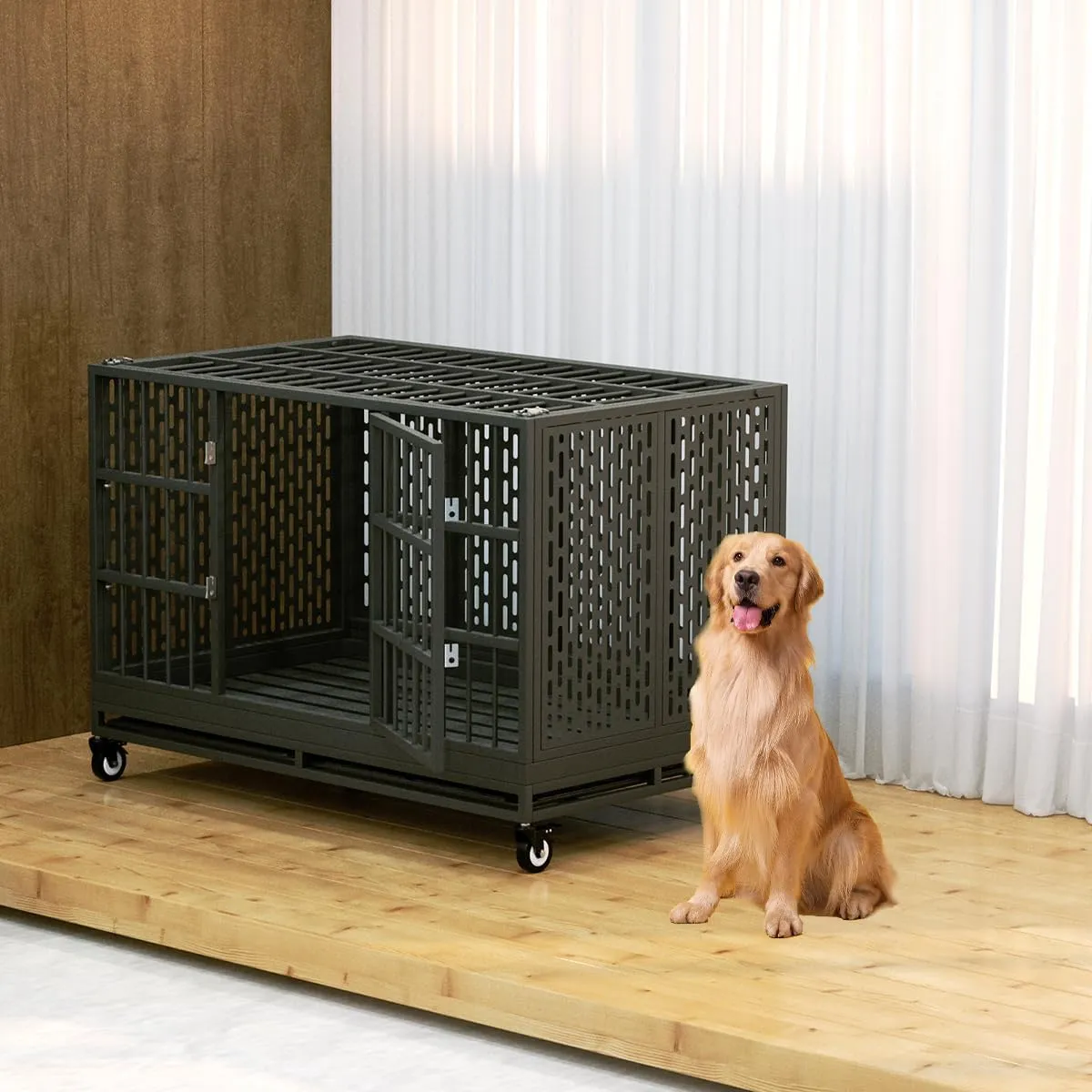 48/42/38 Inch Heavy Duty Dog Crate with Wheels, Folding Metal Big Dog Cage for Large and Medium Dogs, Extra Large XL XXL Indestructible Dog Crate with Removable Tray.