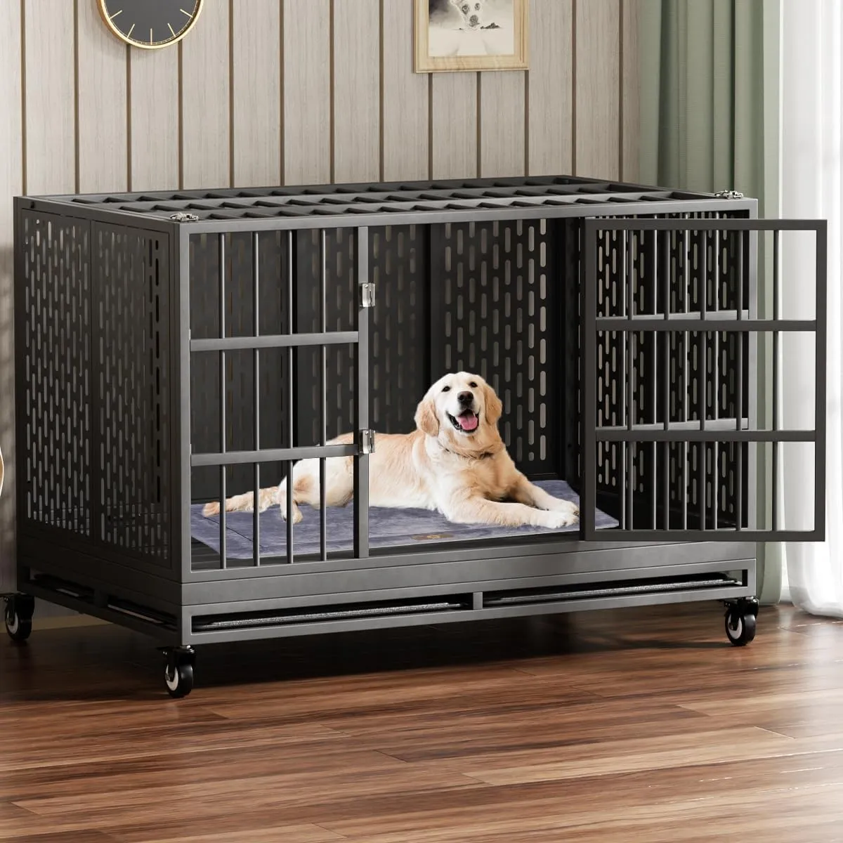 48/42/38 Inch Heavy Duty Dog Crate with Wheels, Folding Metal Big Dog Cage for Large and Medium Dogs, Extra Large XL XXL Indestructible Dog Crate with Removable Tray.