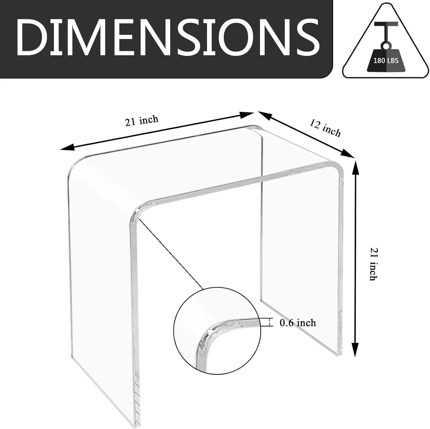 Acrylic Side Table, 21" H x 21" W x 12" D x 3/5'' Thick Clear Small End Table, Transparent Nightstand and Stool for Home Office, Living Room and Bedroom