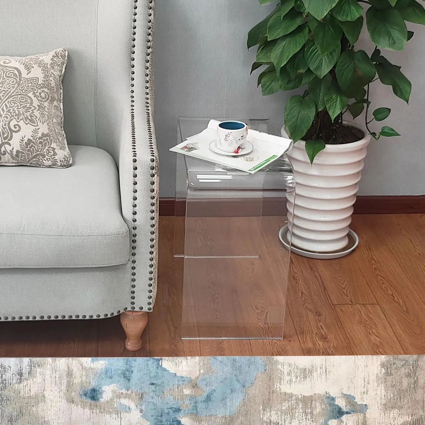 Acrylic Side Table, 21" H x 21" W x 12" D x 3/5'' Thick Clear Small End Table, Transparent Nightstand and Stool for Home Office, Living Room and Bedroom