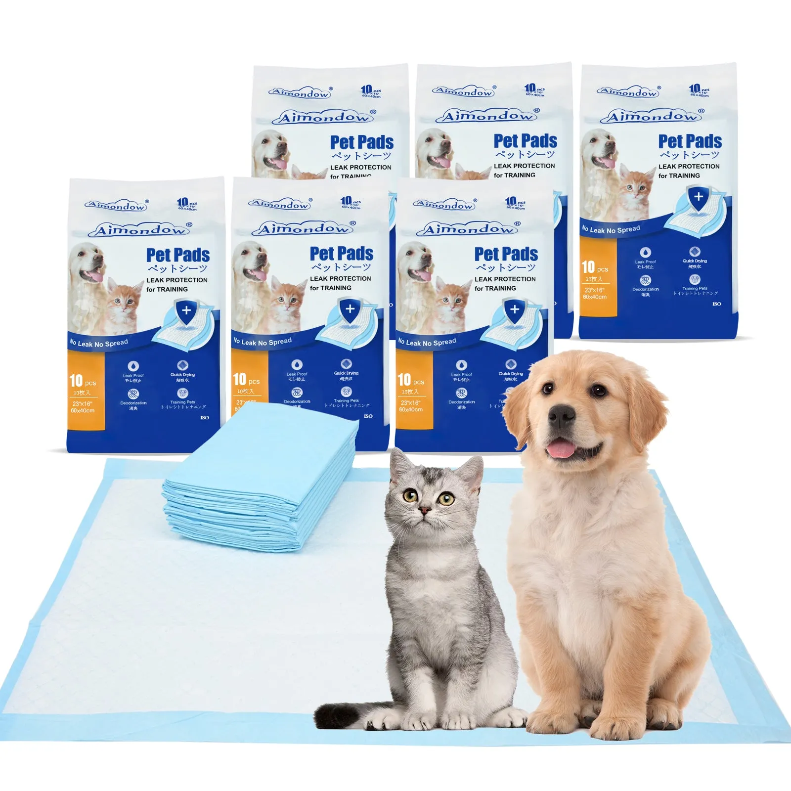 Aimondow Absorbent Puppy Pads Quick Drying Training Pads for Dogs Cats Leak-Proof Dog Pee Pads Disposable Dog Pads Pet Underpads for Puppies, Regular, 23inch×16inch, 60 Count