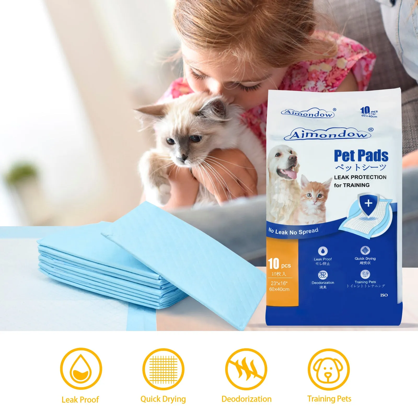 Aimondow Absorbent Puppy Pads Quick Drying Training Pads for Dogs Cats Leak-Proof Dog Pee Pads Disposable Dog Pads Pet Underpads for Puppies, Regular, 23inch×16inch, 60 Count