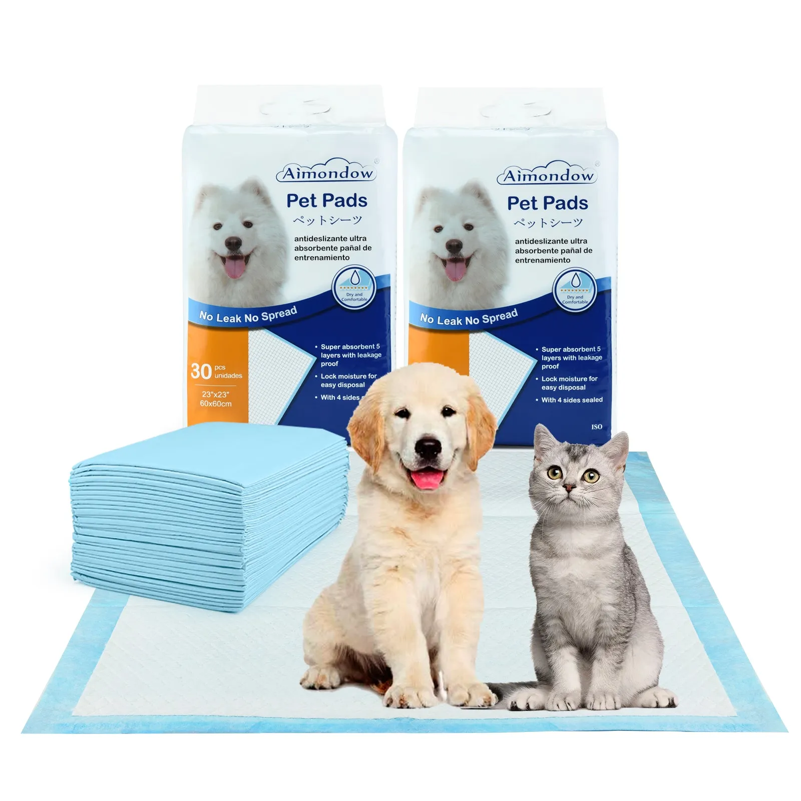 Aimondow Absorbent Puppy Pads Quick Drying Training Pads for Dogs Cats Leak-Proof Dog Pee Pads Disposable Dog Pads Pet Underpads for Puppies, Regular, 23inch×16inch, 60 Count