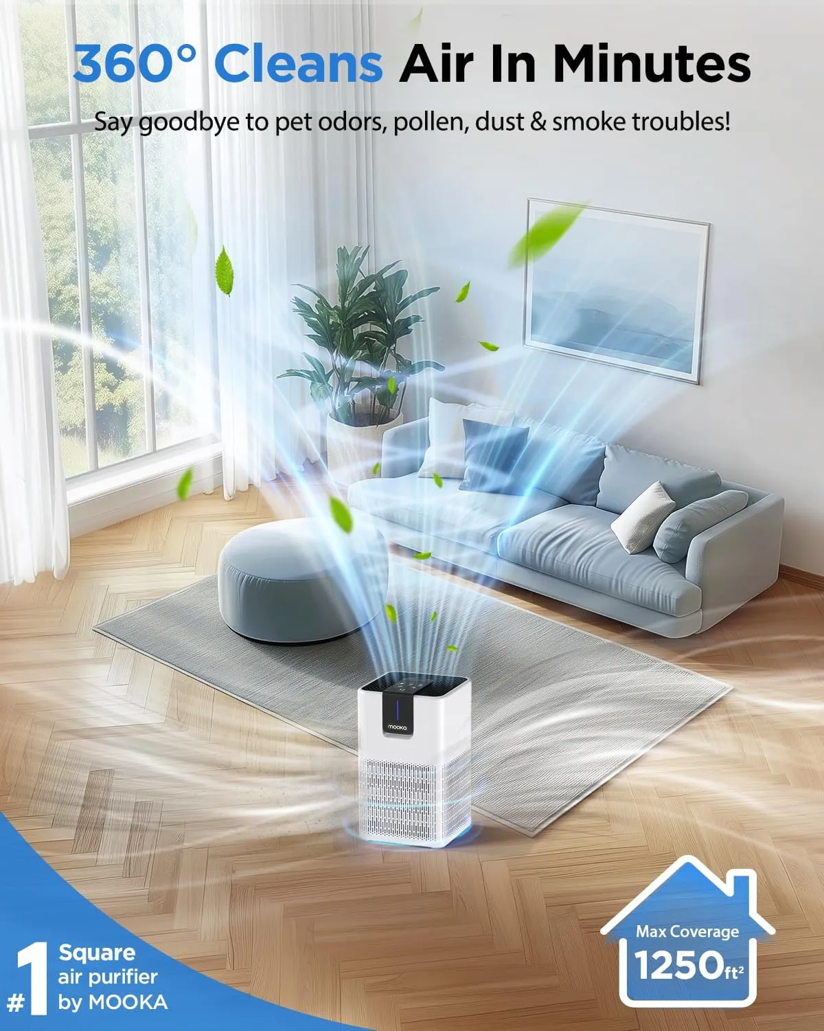 Air Purifiers for Home Large Room Up to 1250 Ft,MOOKA H13 HEPA Air Purifier for Pets Dust Odor Smoke,Aromatherapy Function,Air Cleaner with 15dB Quiet Sleep Mode for Bedroom Office Living Room,White