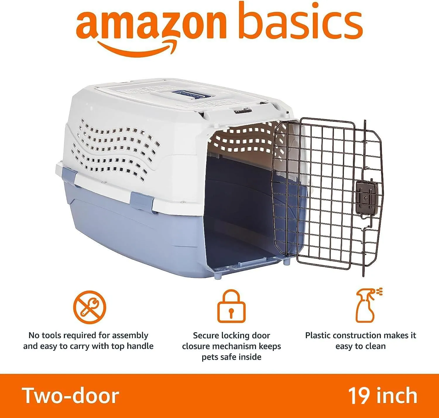 Amazon Basics 2-Door Top-Load Hard-Sided Cat Pet Travel Carrier, 19.0" L x 12.6" W x 10.0" H, Gray & Blue