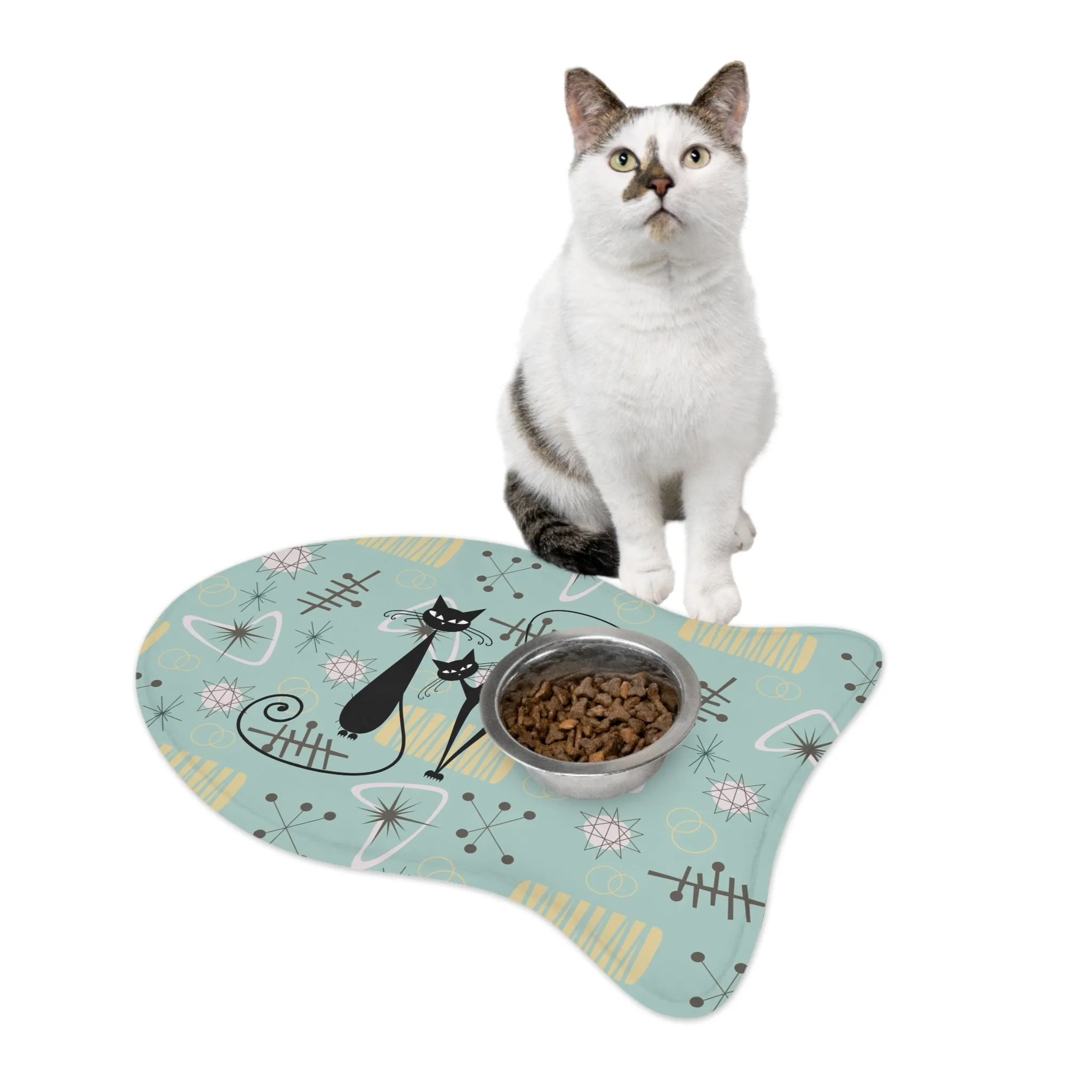 Atomic Kitschy Cat, Fish Pet Feeding Mat, Dog Bone Shape For Dogs Mid Century Modern Pet