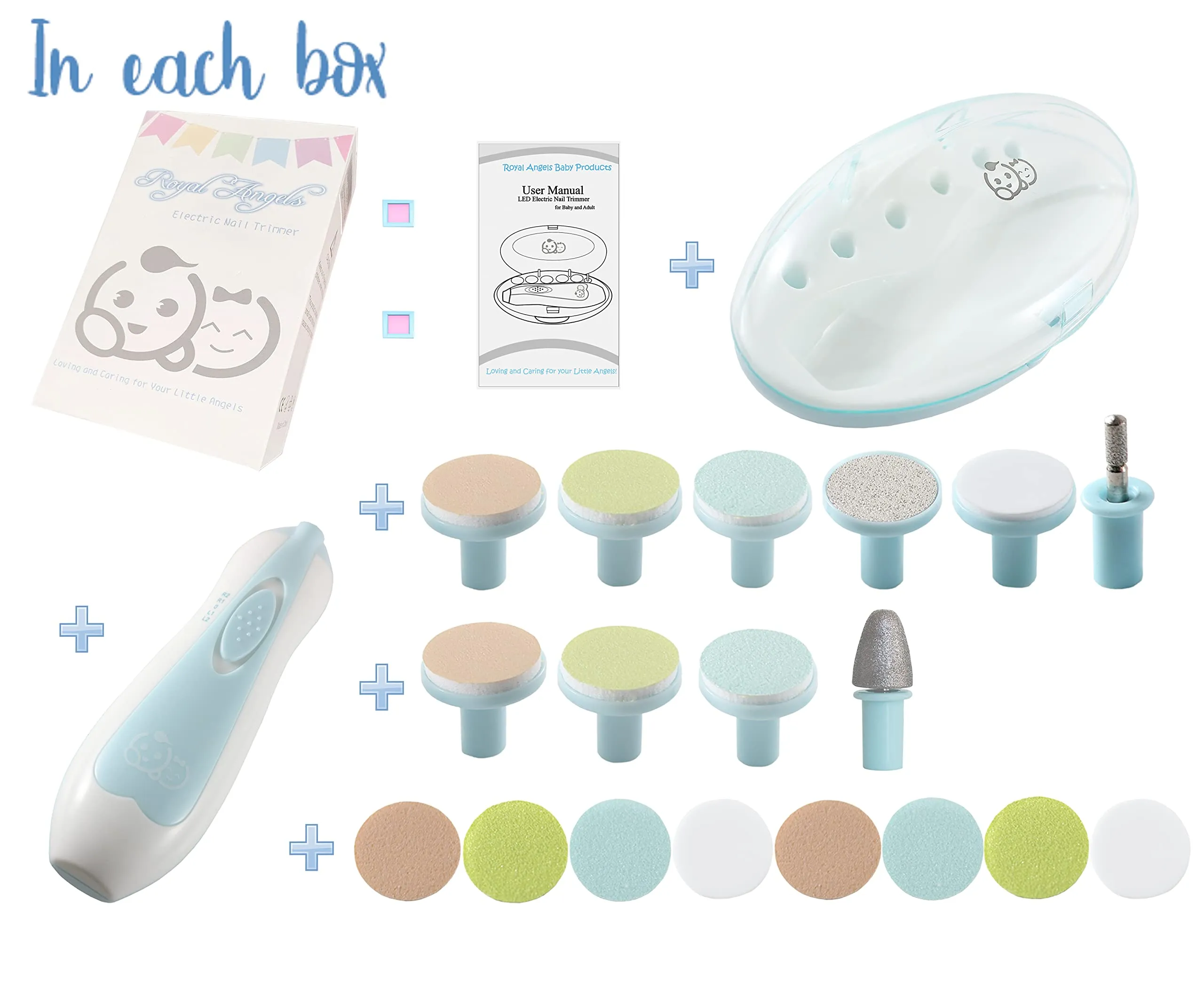 Baby Nail Clippers 20 in 1 by Royal Angels, Safe Electric Baby Nail Trimmer, Baby Nail File Kit, Additional Replacement Heads, Newborn Toddler Toes and Fingernails, Trim and Polish (Blue) Blue