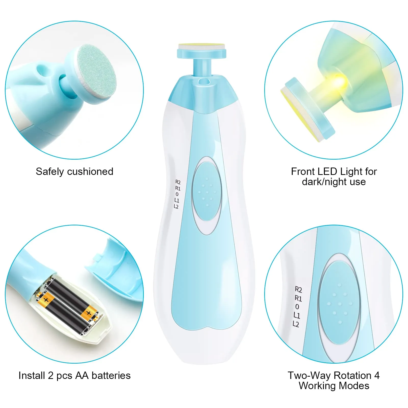 Baby Nail File, 6 in 1 Safety Cutter Trimmer Clipper with LED Front Light - Safe and Quiet, Baby Nail Trimmer for Newborn Toddler Toes and Fingernails, Trim and Polish (Blue) Blue