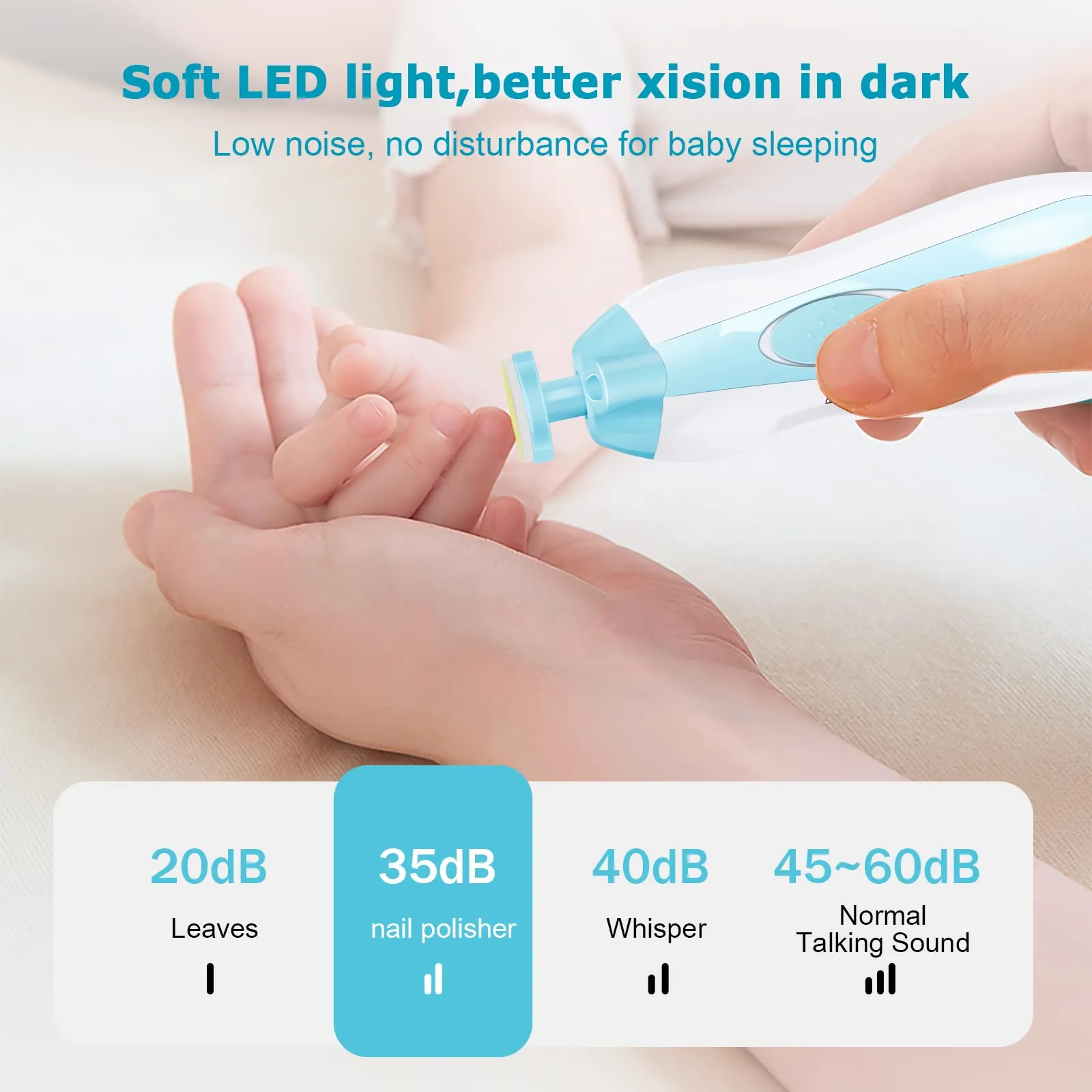 Baby Nail File, 6 in 1 Safety Cutter Trimmer Clipper with LED Front Light - Safe and Quiet, Baby Nail Trimmer for Newborn Toddler Toes and Fingernails, Trim and Polish (Blue) Blue
