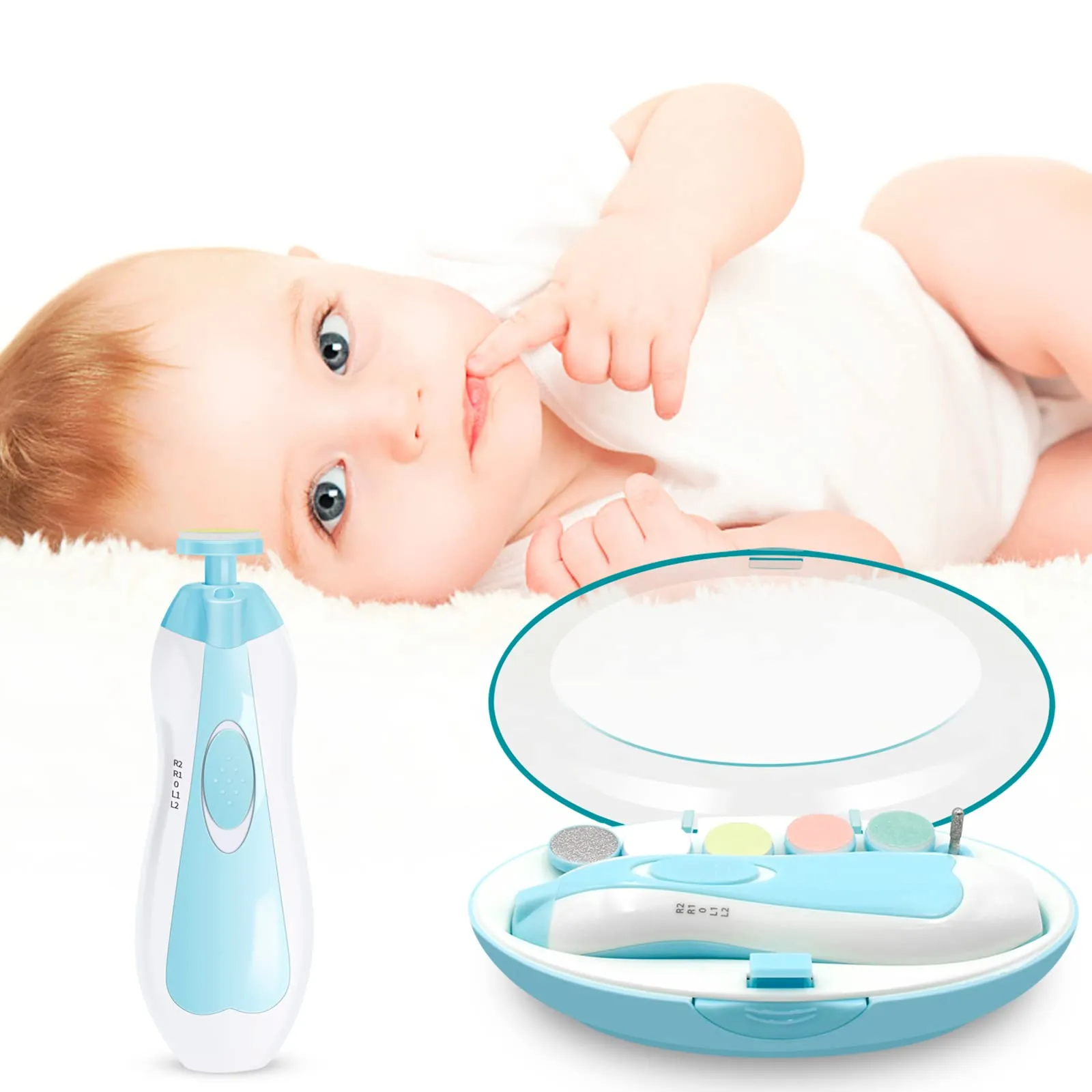 Baby Nail File, 6 in 1 Safety Cutter Trimmer Clipper with LED Front Light - Safe and Quiet, Baby Nail Trimmer for Newborn Toddler Toes and Fingernails, Trim and Polish (Blue) Blue
