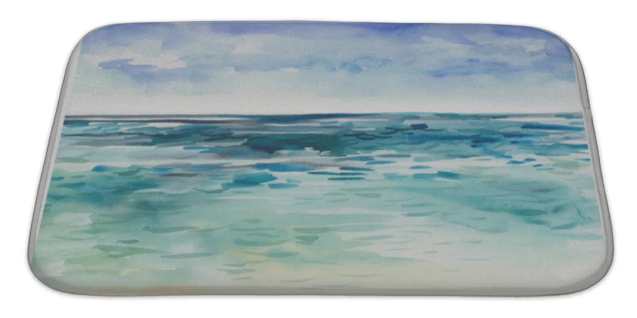 Bath Rug Mat No Slip Microfiber Memory Foam, White Blue Green Watercolor Sea Waves Cloud Beach, 34x21