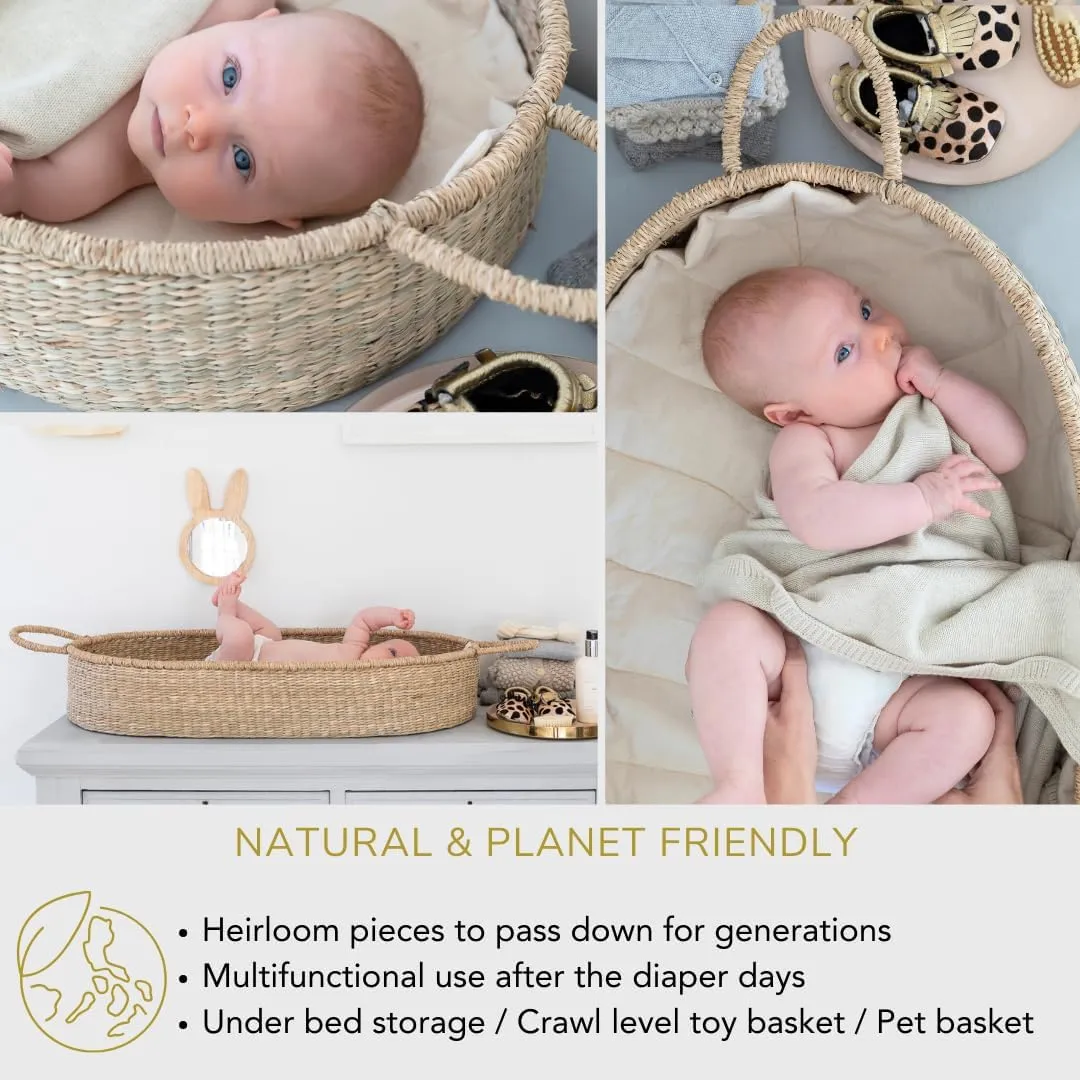 BeBe Bask: Handmade Seagrass Baby Changing Basket – Luxury Leaf Liner with Waterproof Bamboo Pad & Vegan Leather Mat