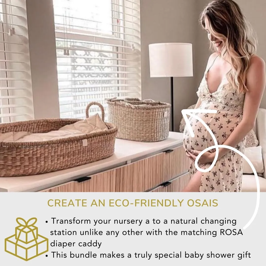 BeBe Bask: Handmade Seagrass Baby Changing Basket – Luxury Leaf Liner with Waterproof Bamboo Pad & Vegan Leather Mat