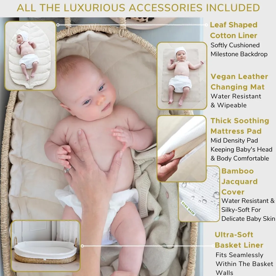 BeBe Bask: Handmade Seagrass Baby Changing Basket – Luxury Leaf Liner with Waterproof Bamboo Pad & Vegan Leather Mat