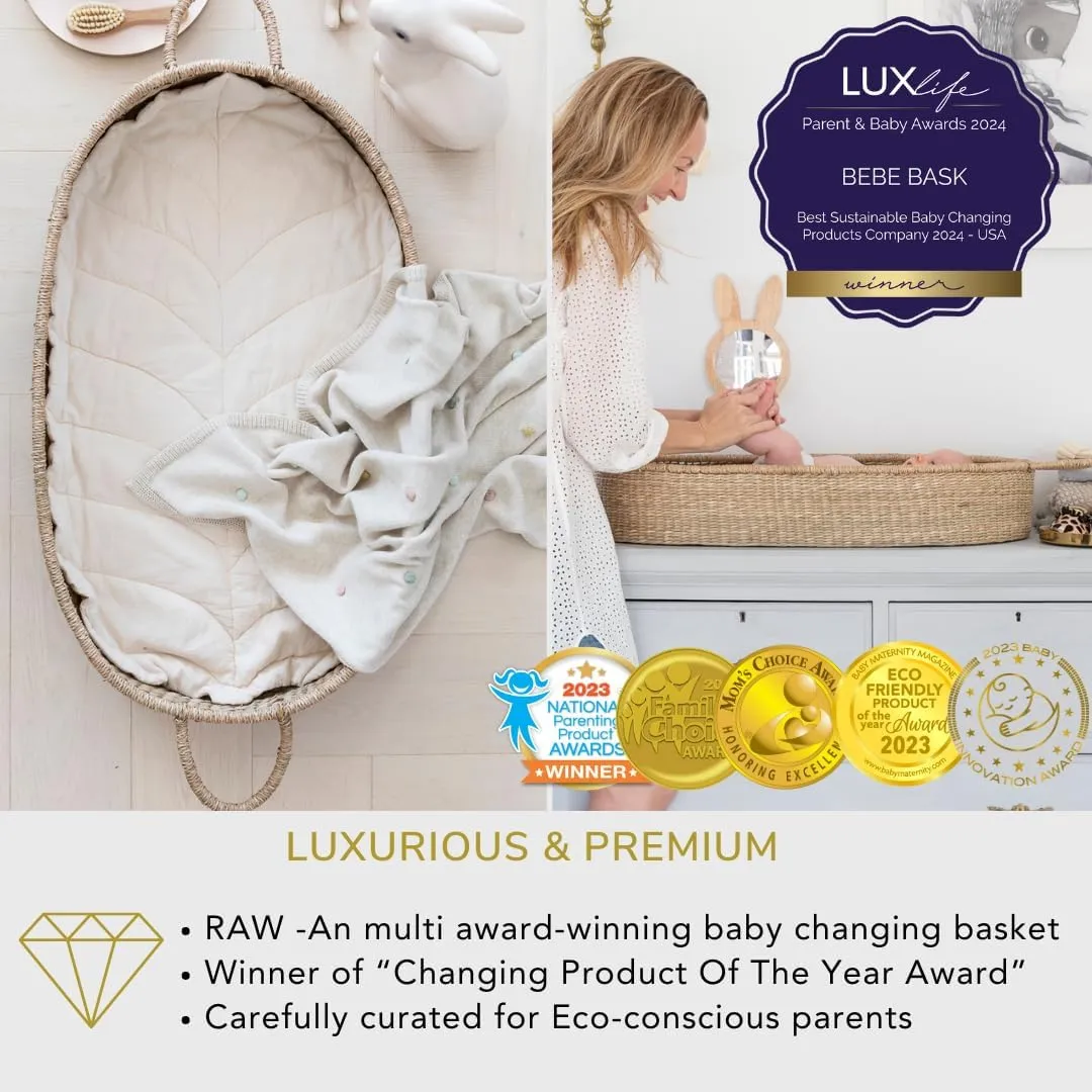 BeBe Bask: Handmade Seagrass Baby Changing Basket – Luxury Leaf Liner with Waterproof Bamboo Pad & Vegan Leather Mat