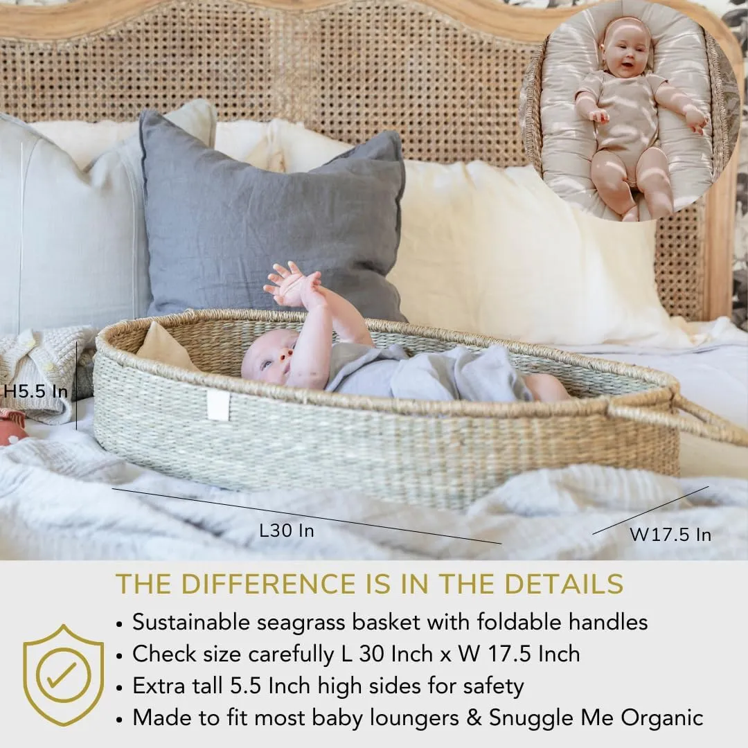 BeBe Bask: Handmade Seagrass Baby Changing Basket – Luxury Leaf Liner with Waterproof Bamboo Pad & Vegan Leather Mat