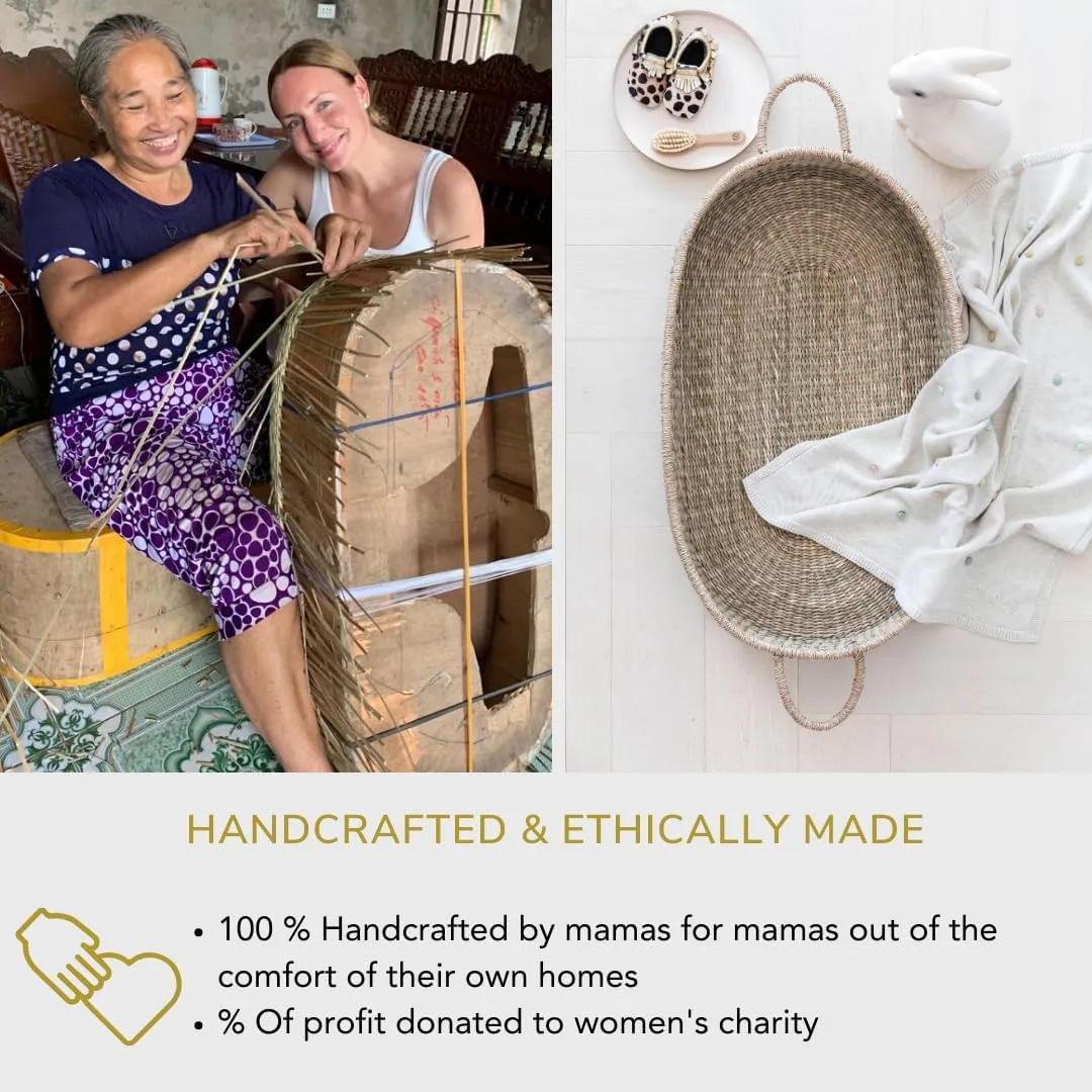 BeBe Bask: Handmade Seagrass Baby Changing Basket – Luxury Leaf Liner with Waterproof Bamboo Pad & Vegan Leather Mat