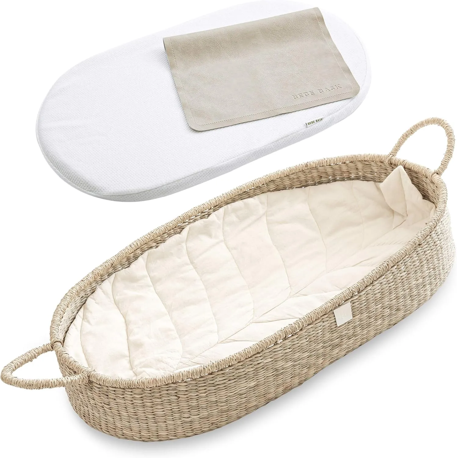 BeBe Bask: Handmade Seagrass Baby Changing Basket – Luxury Leaf Liner with Waterproof Bamboo Pad & Vegan Leather Mat