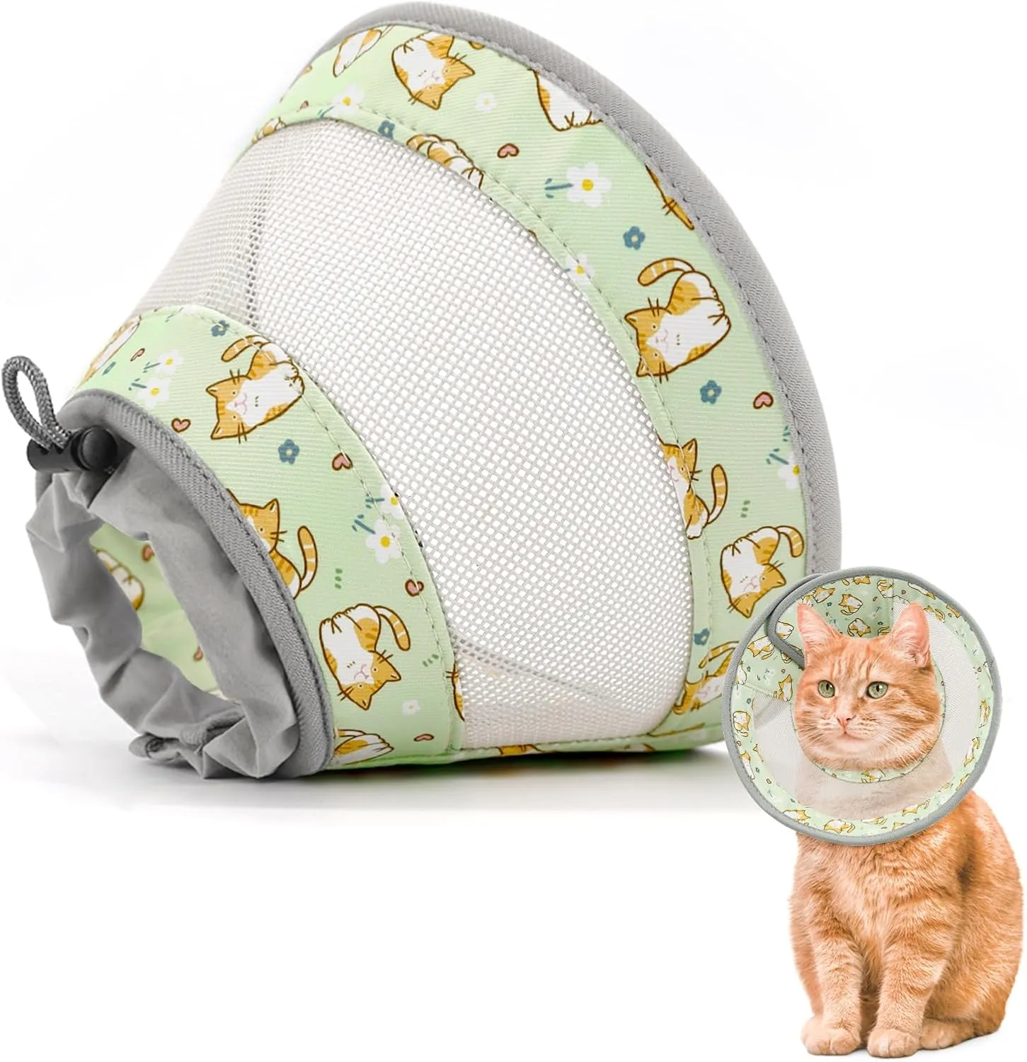 Breathable Air Mesh Cat Cone Collar Soft to Stop Licking, Adjustable, Foldable Lightweight Kitten Cones After Surgery Recovery for Cats & Kittens (Green Cat, M)