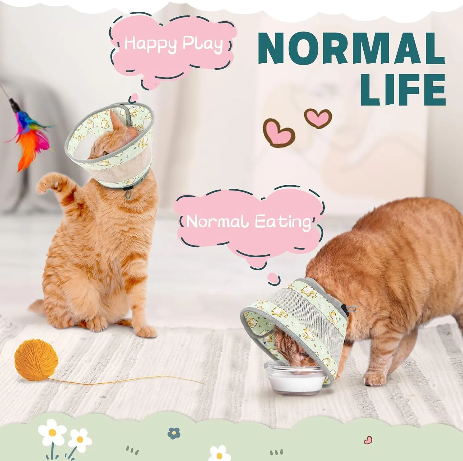 Breathable Air Mesh Cat Cone Collar Soft to Stop Licking, Adjustable, Foldable Lightweight Kitten Cones After Surgery Recovery for Cats & Kittens (Green Cat, M)
