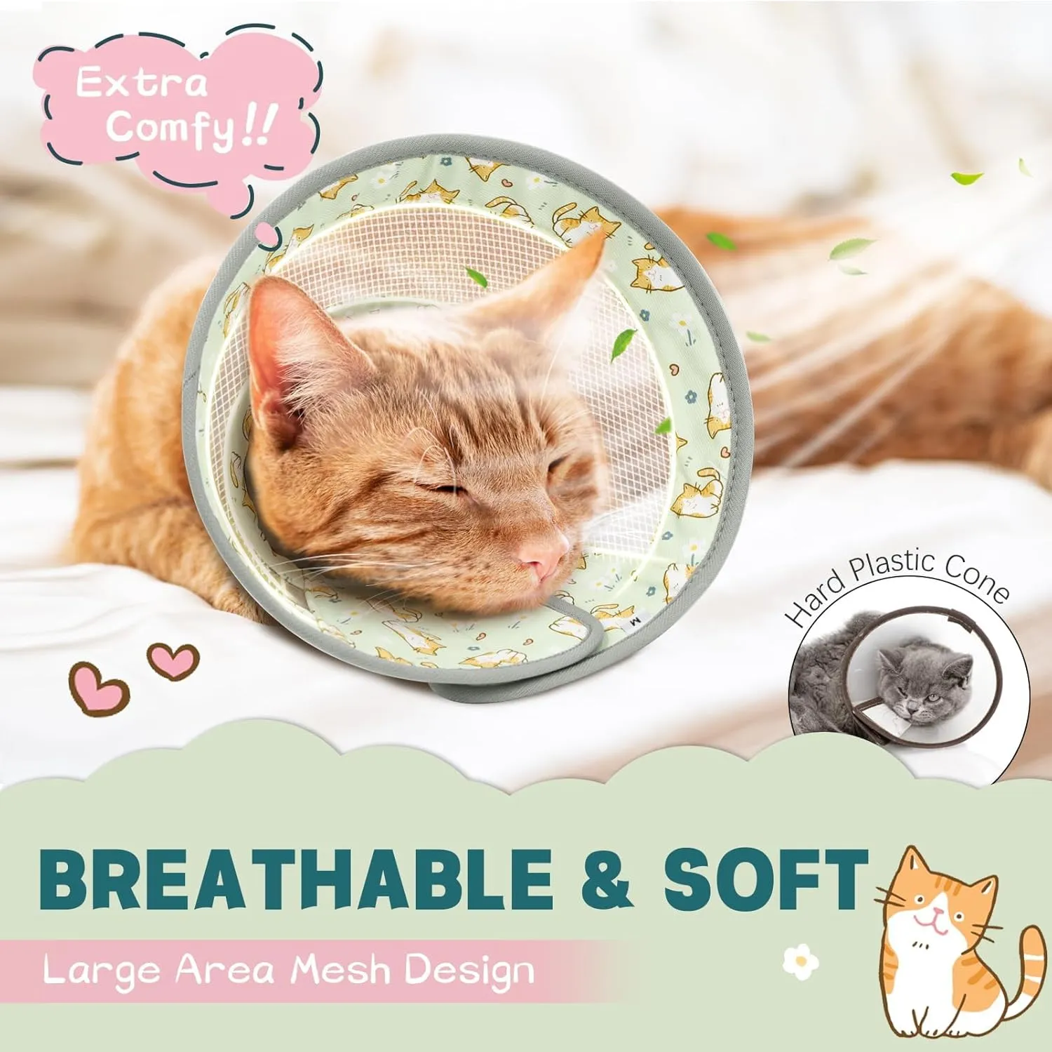 Breathable Air Mesh Cat Cone Collar Soft to Stop Licking, Adjustable, Foldable Lightweight Kitten Cones After Surgery Recovery for Cats & Kittens (Green Cat, M)