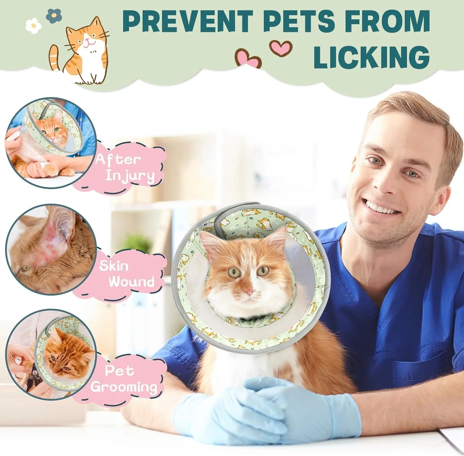 Breathable Air Mesh Cat Cone Collar Soft to Stop Licking, Adjustable, Foldable Lightweight Kitten Cones After Surgery Recovery for Cats & Kittens (Green Cat, M)