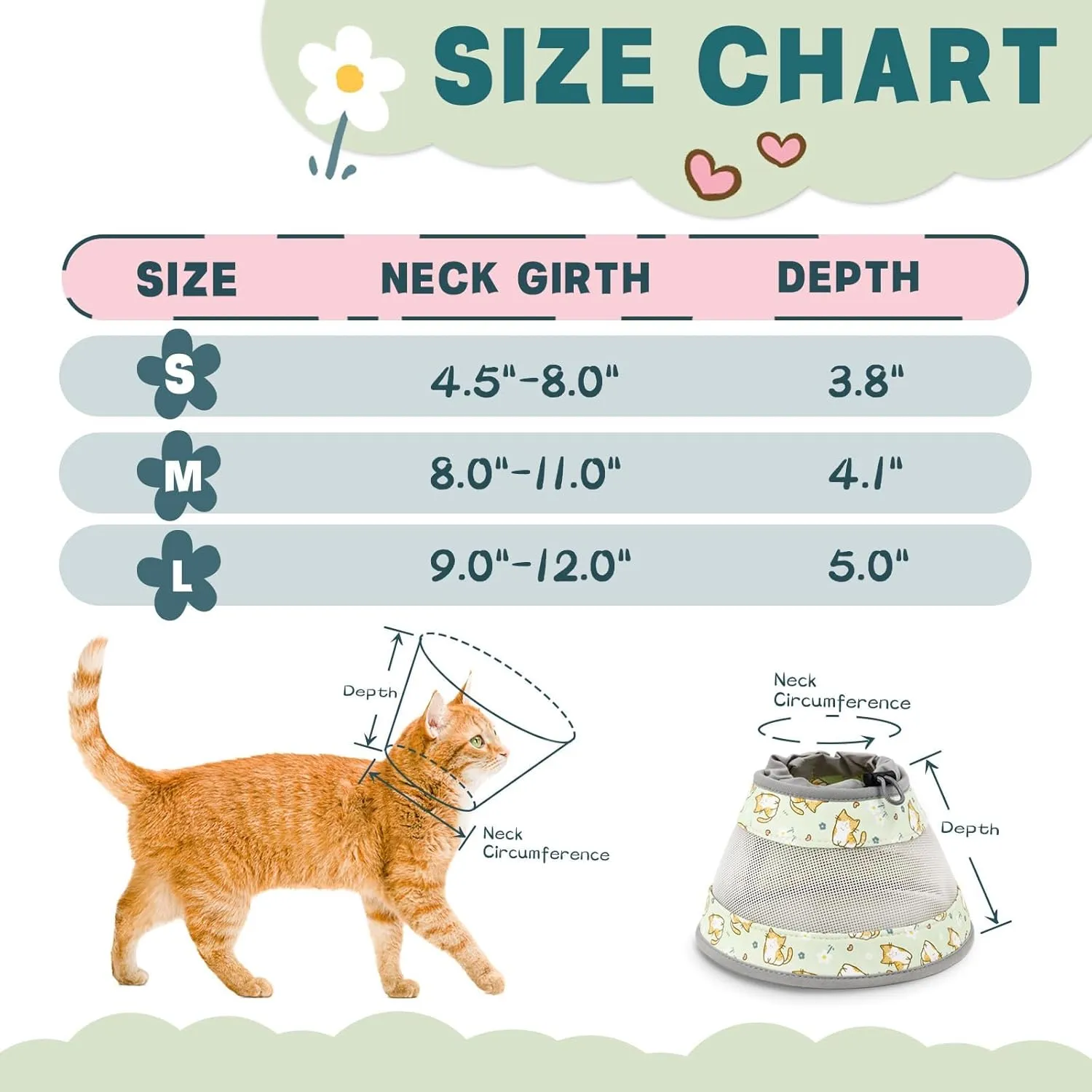 Breathable Air Mesh Cat Cone Collar Soft to Stop Licking, Adjustable, Foldable Lightweight Kitten Cones After Surgery Recovery for Cats & Kittens (Green Cat, M)