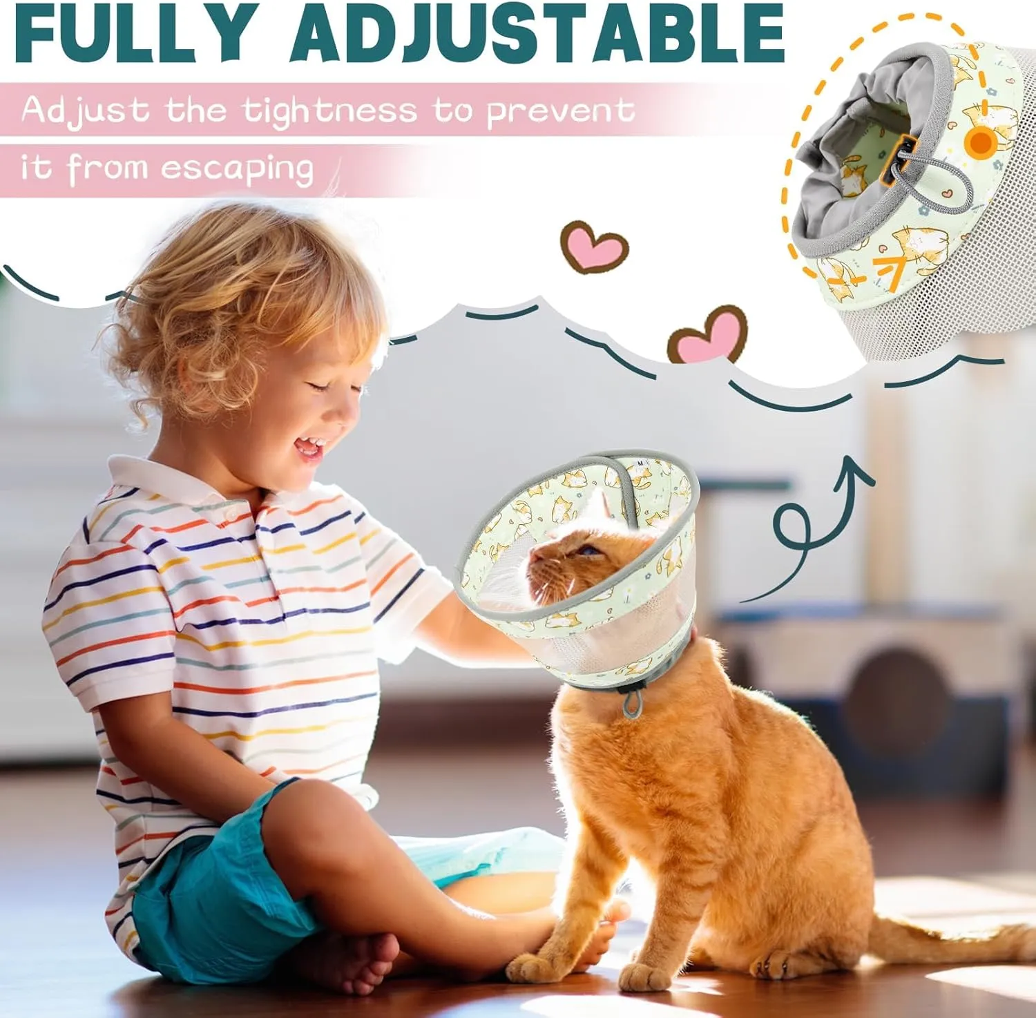 Breathable Air Mesh Cat Cone Collar Soft to Stop Licking, Adjustable, Foldable Lightweight Kitten Cones After Surgery Recovery for Cats & Kittens (Green Cat, M)