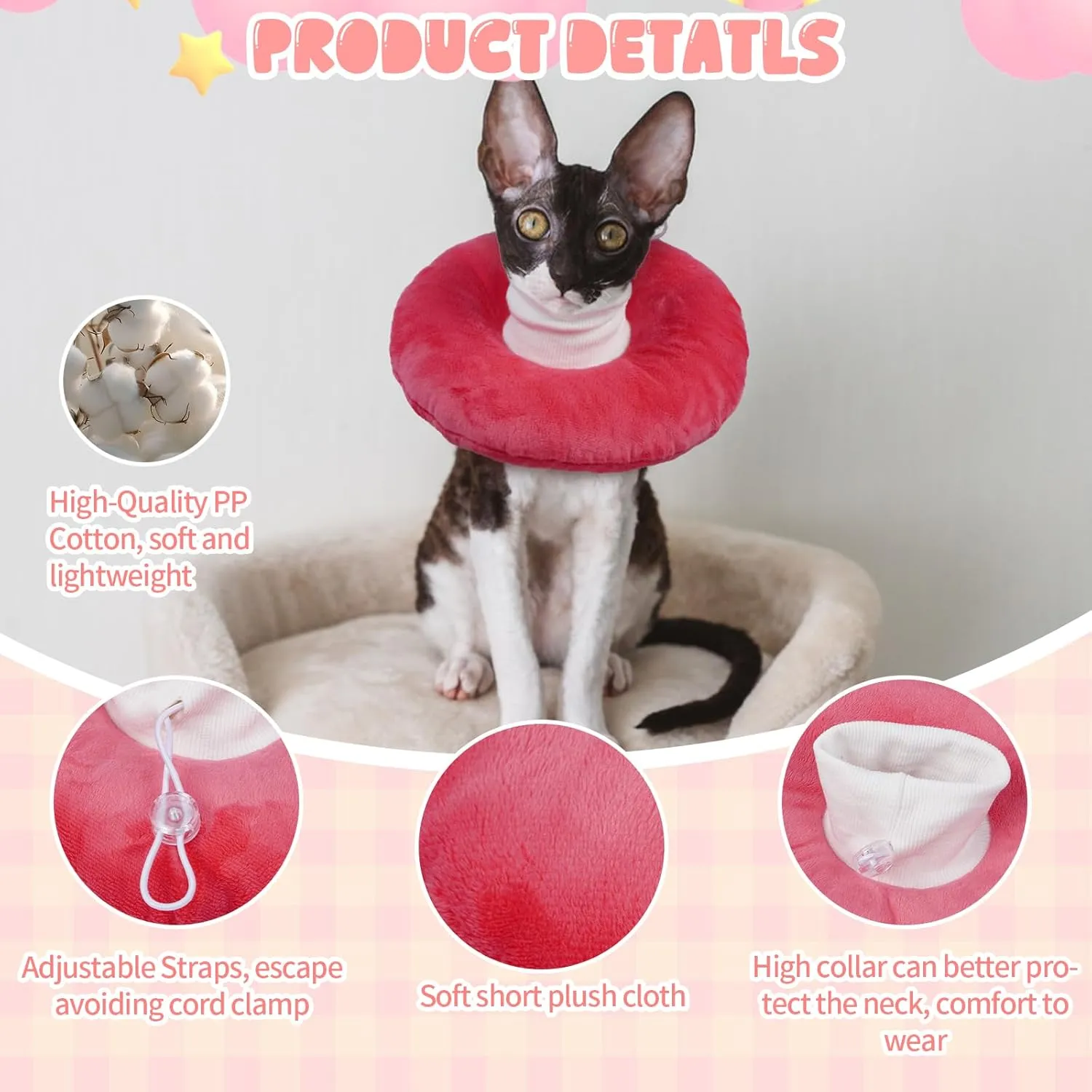 BRKURLEG Cat Cone Collar Soft, Cute Cat Recovery Cones, Soft Protective Pet Neck Cone, Adjustable Kitten Cones to Stop Licking, Pet Anti-Lick Wound Healing Elizabethan Collar, Pink, L