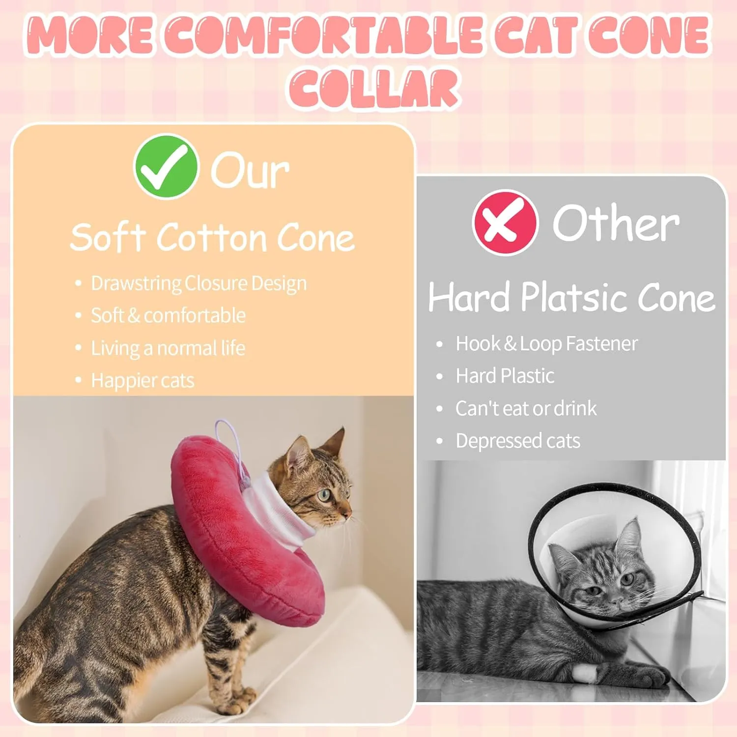 BRKURLEG Cat Cone Collar Soft, Cute Cat Recovery Cones, Soft Protective Pet Neck Cone, Adjustable Kitten Cones to Stop Licking, Pet Anti-Lick Wound Healing Elizabethan Collar, Pink, L
